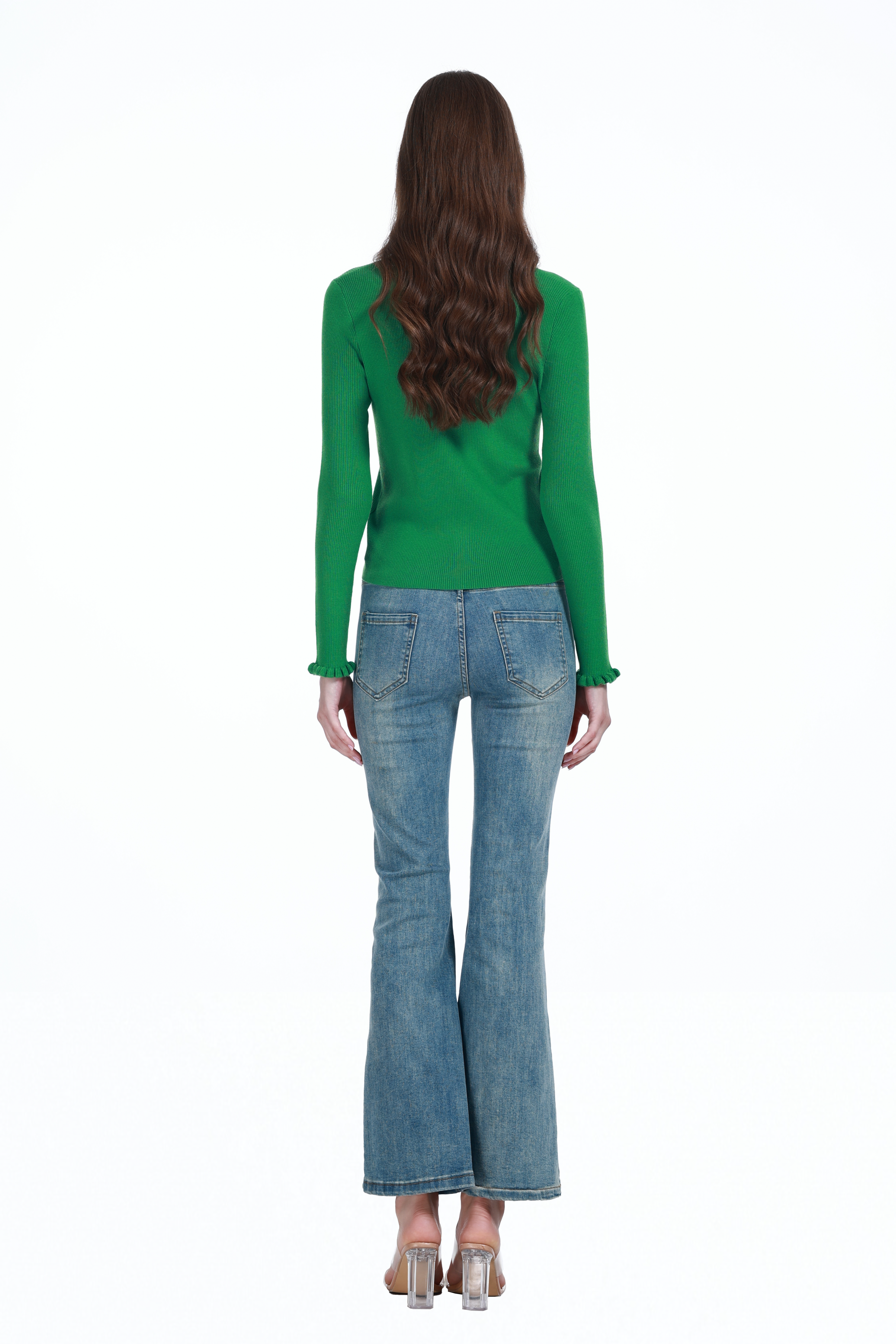 Ruffle Trim V-neck Long Sleeve Covered Buttons Knitted Cardigan