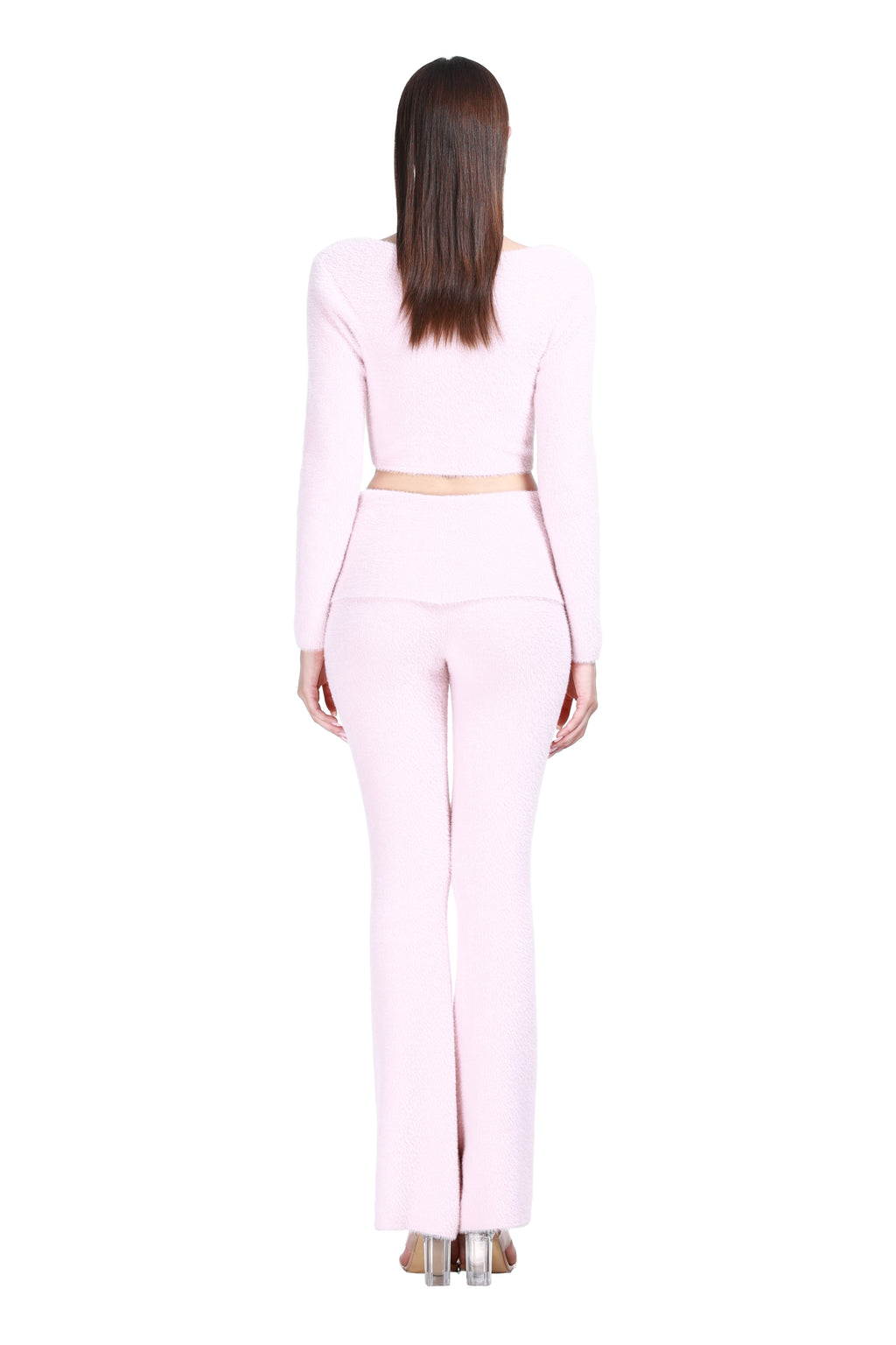 V-neck Long Sleeve Short Cardigan & Matching Trousers Soft Fuzzy Knitted Set