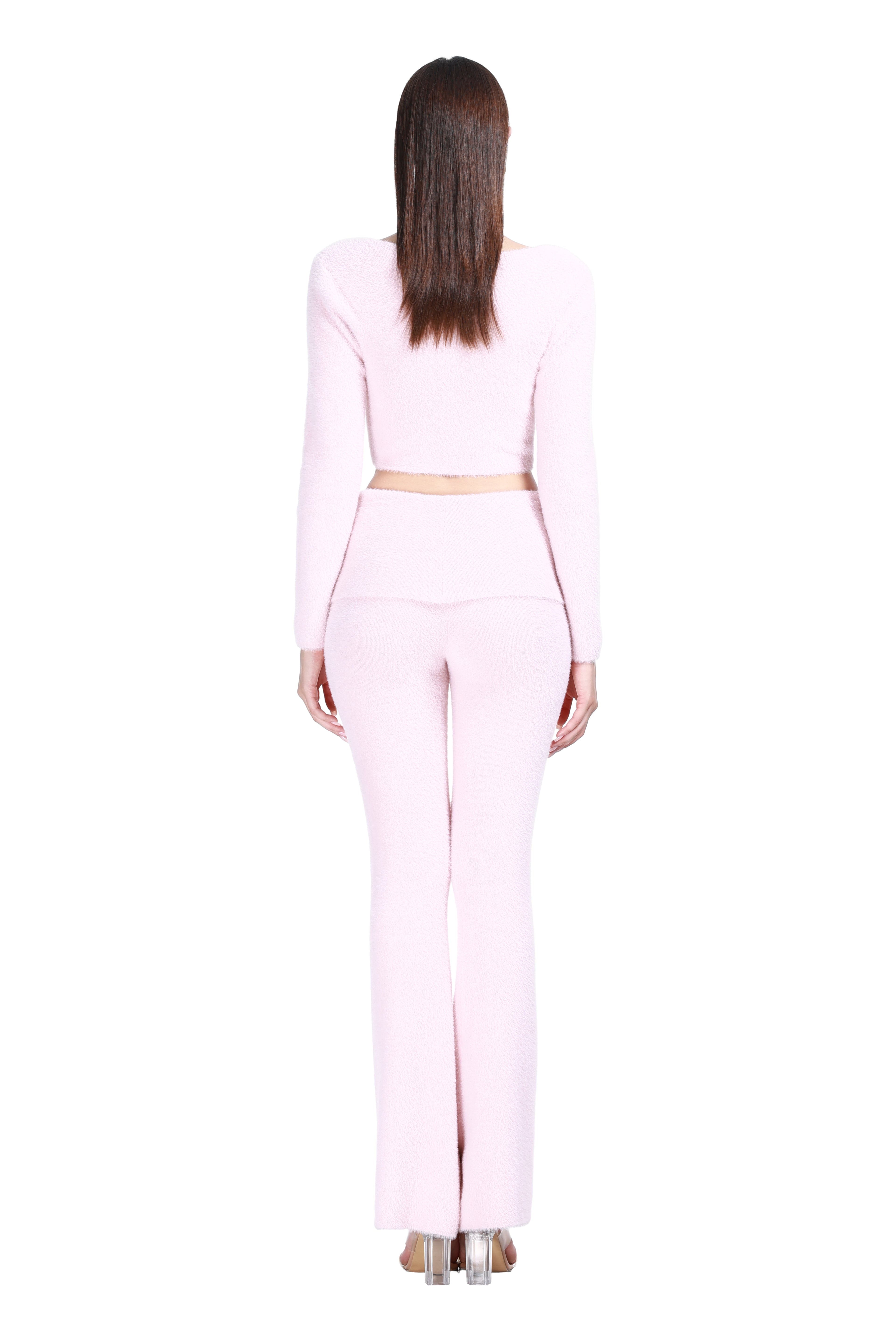 V-neck Long Sleeve Short Cardigan & Matching Trousers Soft Fuzzy Knitted Set