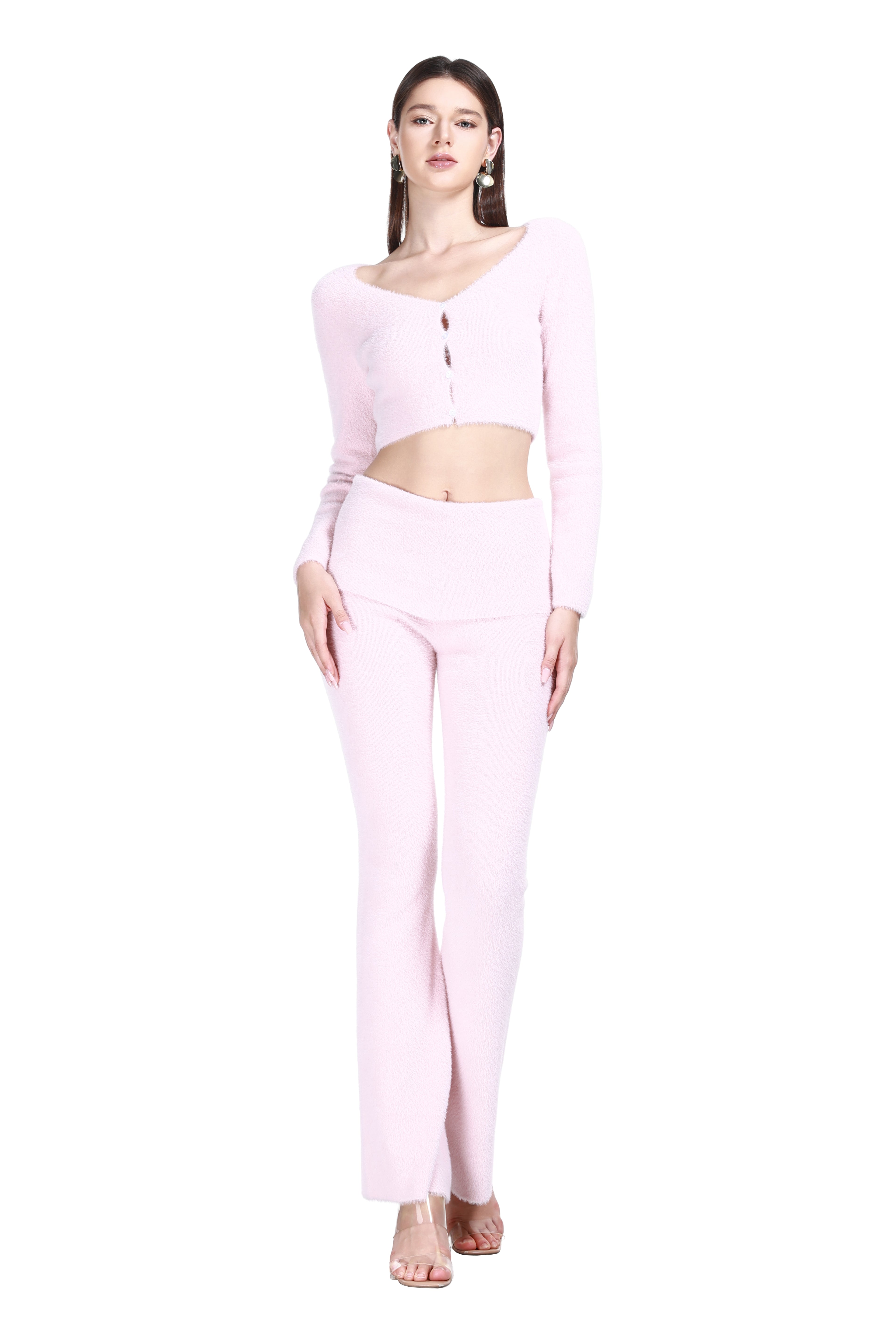 V-neck Long Sleeve Short Cardigan & Matching Trousers Soft Fuzzy Knitted Set