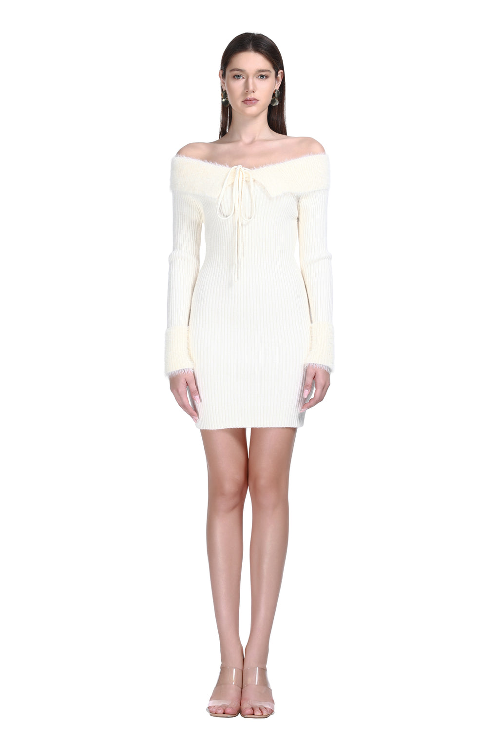 Off-shoulder Long Sleeve Mink Patchwork Fuzzy Solid Knitted Mini Dress