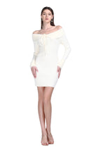 Off-shoulder Long Sleeve Mink Patchwork Fuzzy Solid Knitted Mini Dress