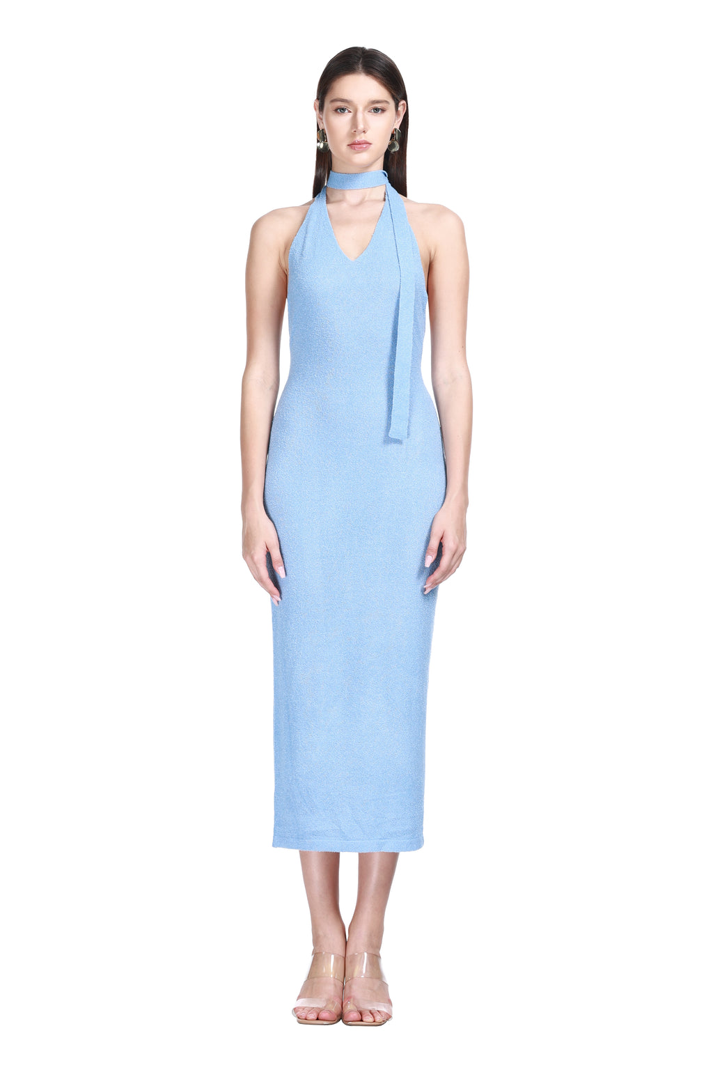 Halter V-neck Sleeveless Shimmer Solid Bodycon Knitted Midi Dress