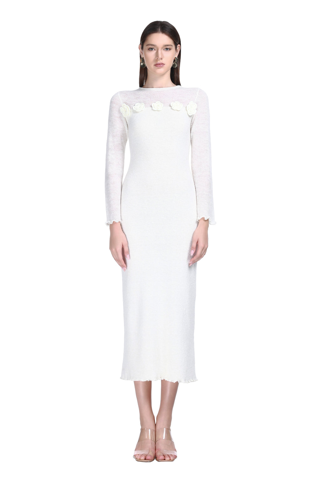 Crew-neck Long Sleeve 3D Floral Lettuce Edge Solid Knitted Midi Dress