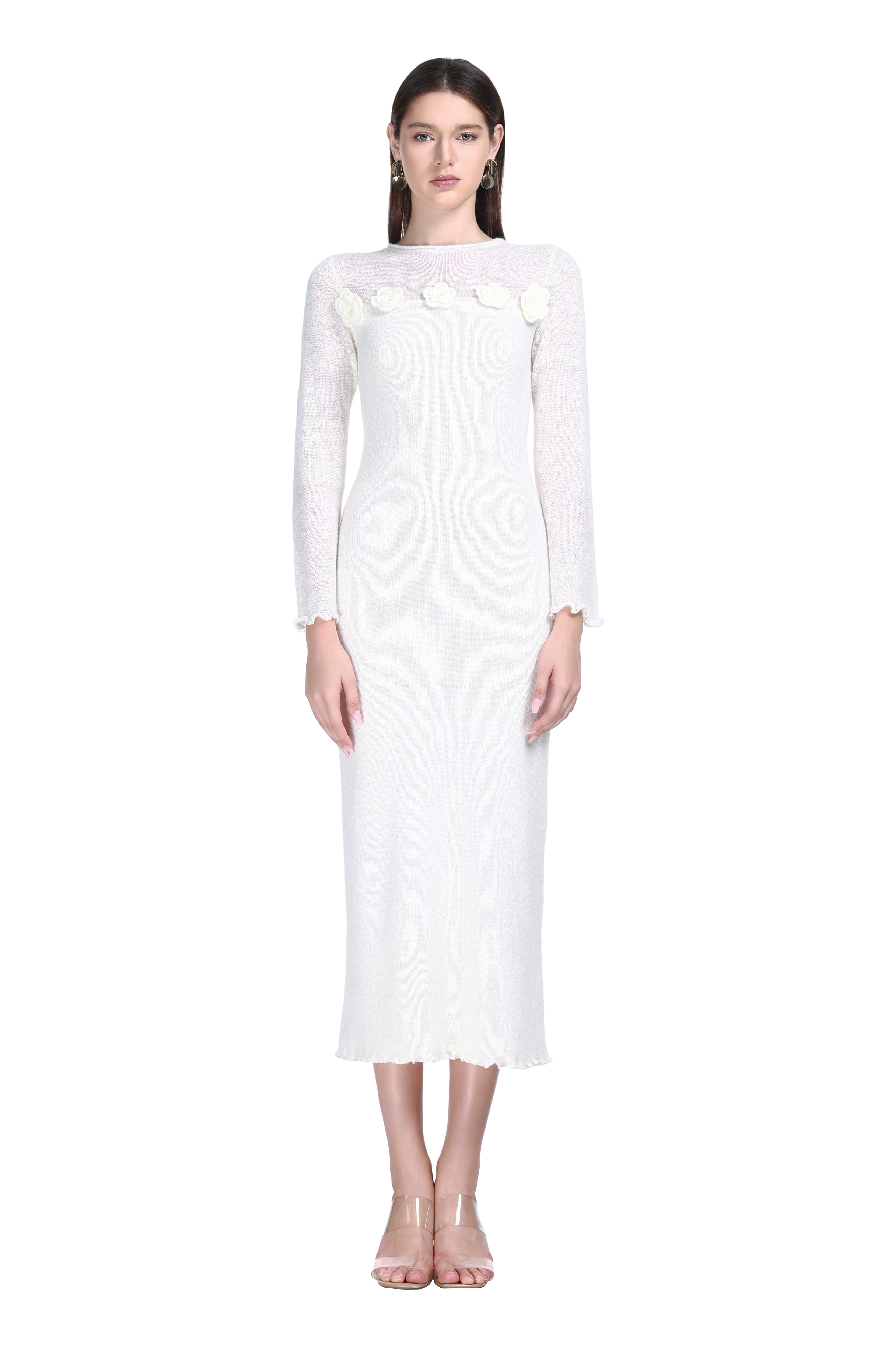 Crew-neck Long Sleeve 3D Floral Lettuce Edge Solid Knitted Midi Dress