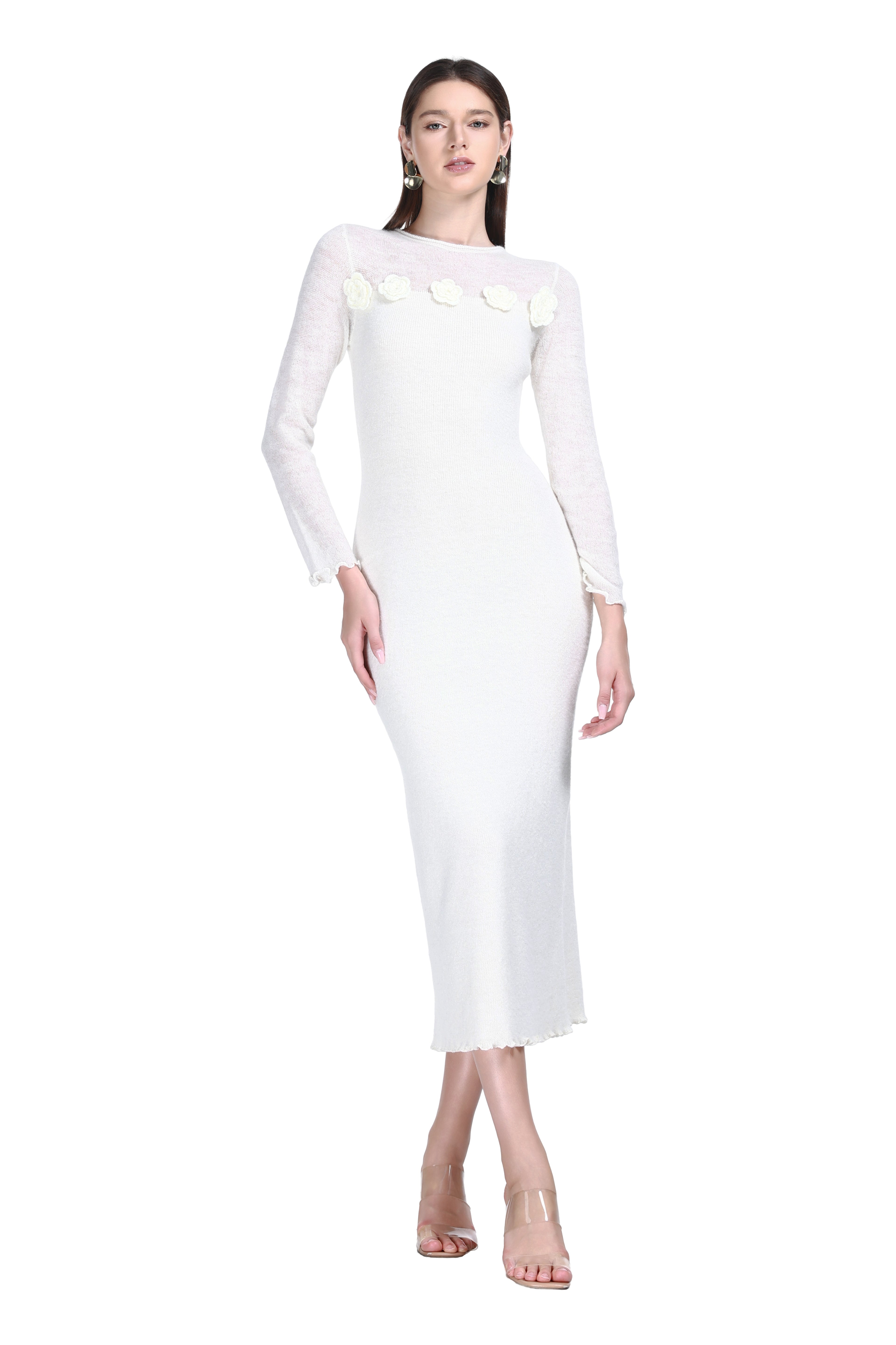 Crew-neck Long Sleeve 3D Floral Lettuce Edge Solid Knitted Midi Dress