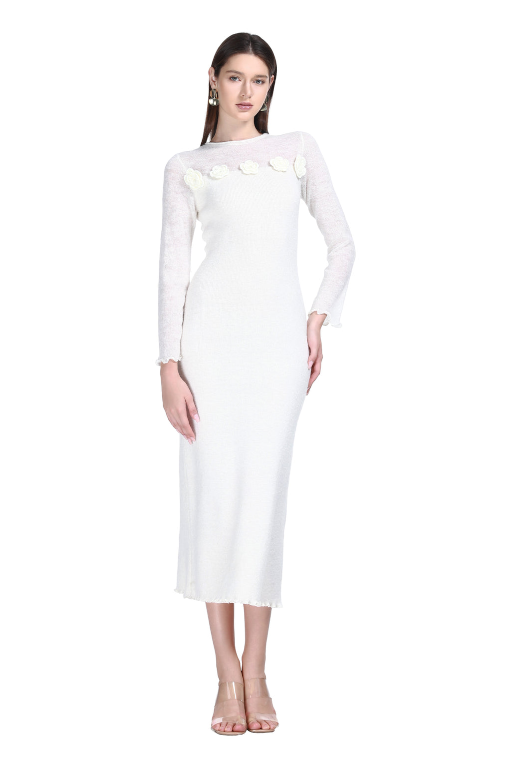 Crew-neck Long Sleeve 3D Floral Lettuce Edge Solid Knitted Midi Dress