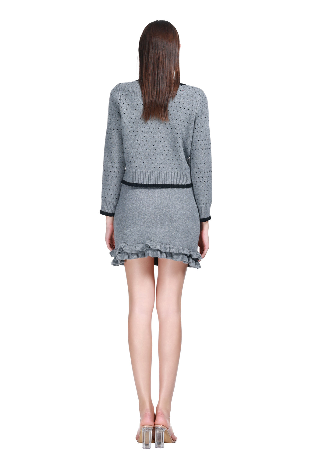 Round Neck Velvet Bow Dot Pattern Top & Ruffled Hem Mini Skirt 2Pics Set