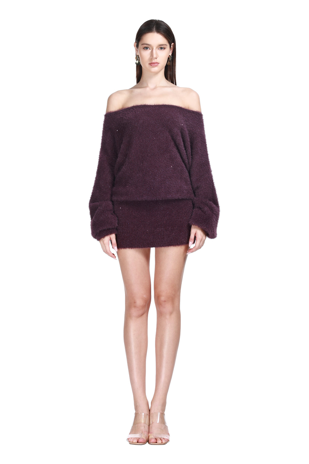 Off-the-shoulder Long Sleeve Fuzzy Sparkle Solid Knitted Mini Dress