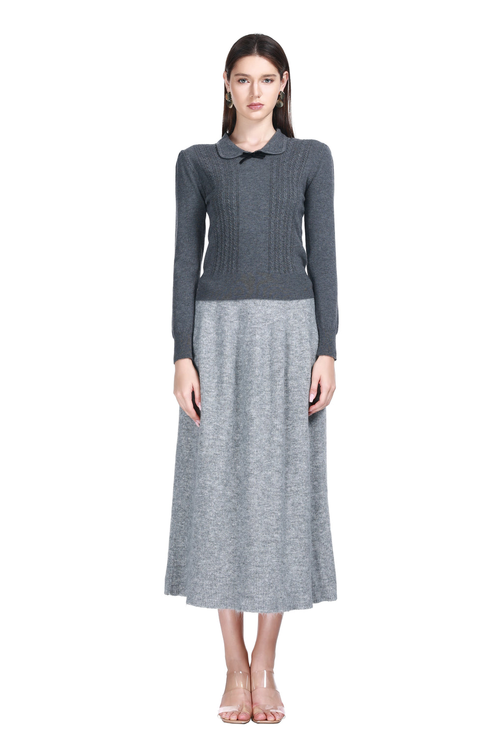 Peter Pan Collar Long Sleeve Bow Detail Cable-knit Knitted Top