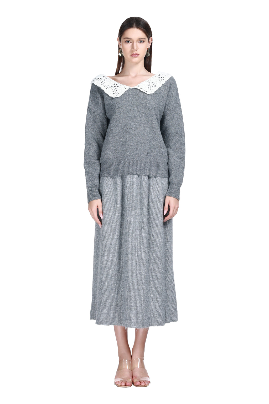 V-neck Crocheted Lace Peter Pan Collar Long Sleeve Solid Knitted Top