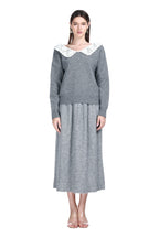 V-neck Crocheted Lace Peter Pan Collar Long Sleeve Solid Knitted Top