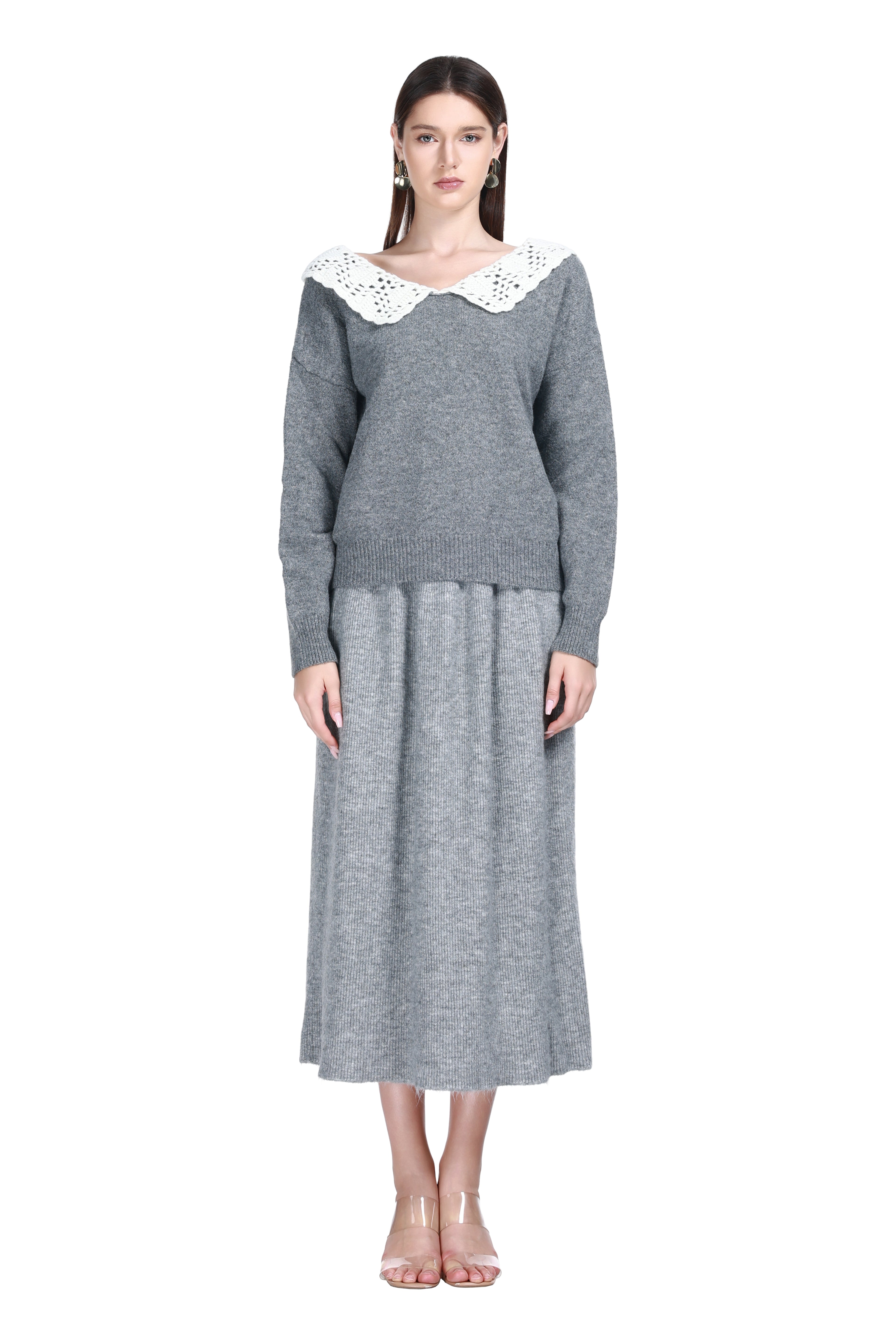 V-neck Crocheted Lace Peter Pan Collar Long Sleeve Solid Knitted Top