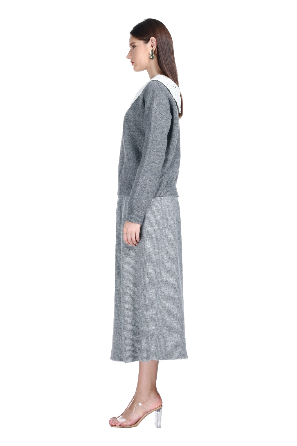 V-neck Crocheted Lace Peter Pan Collar Long Sleeve Solid Knitted Top