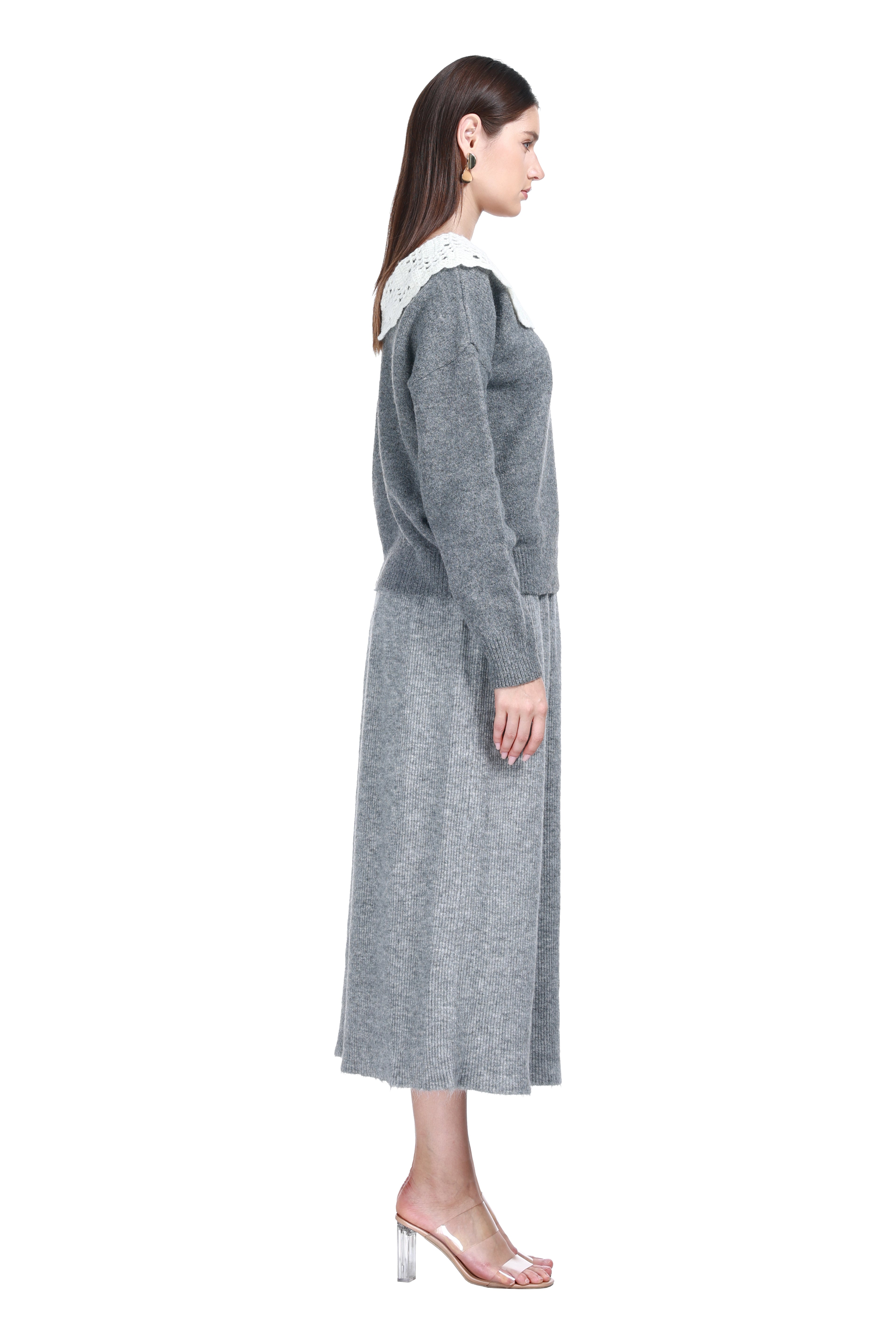 V-neck Crocheted Lace Peter Pan Collar Long Sleeve Solid Knitted Top