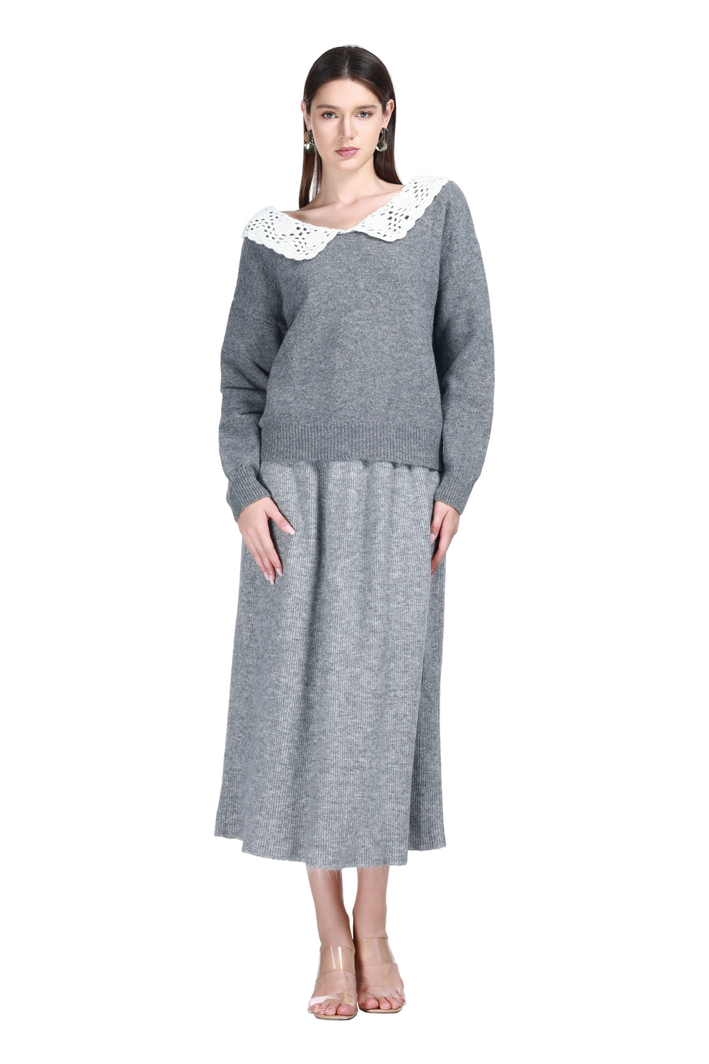 V-neck Crocheted Lace Peter Pan Collar Long Sleeve Solid Knitted Top