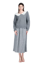 V-neck Crocheted Lace Peter Pan Collar Long Sleeve Solid Knitted Top