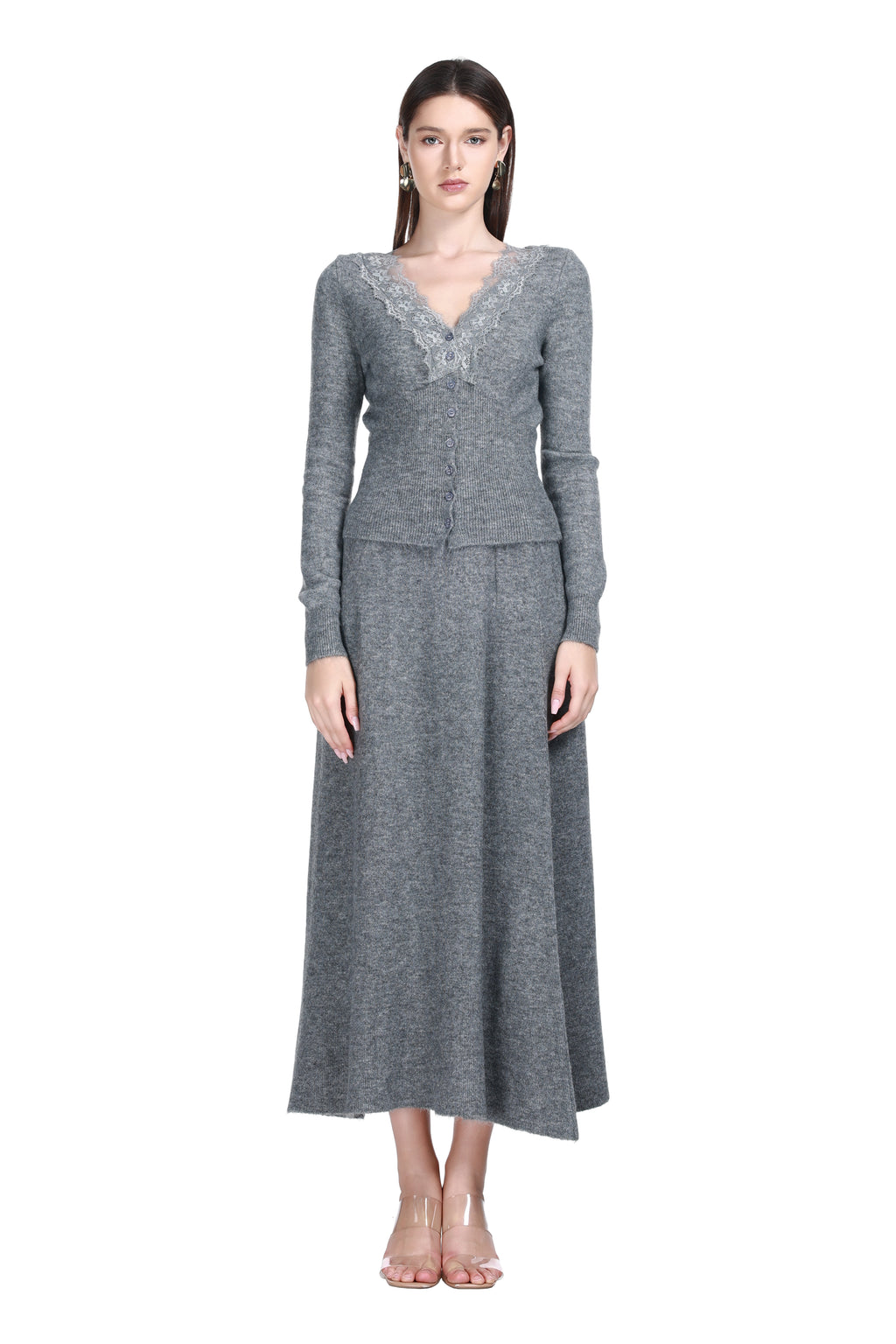 V-neck Lace Trim Long Sleeve Vertical Rib Solid Knitted Cardigan