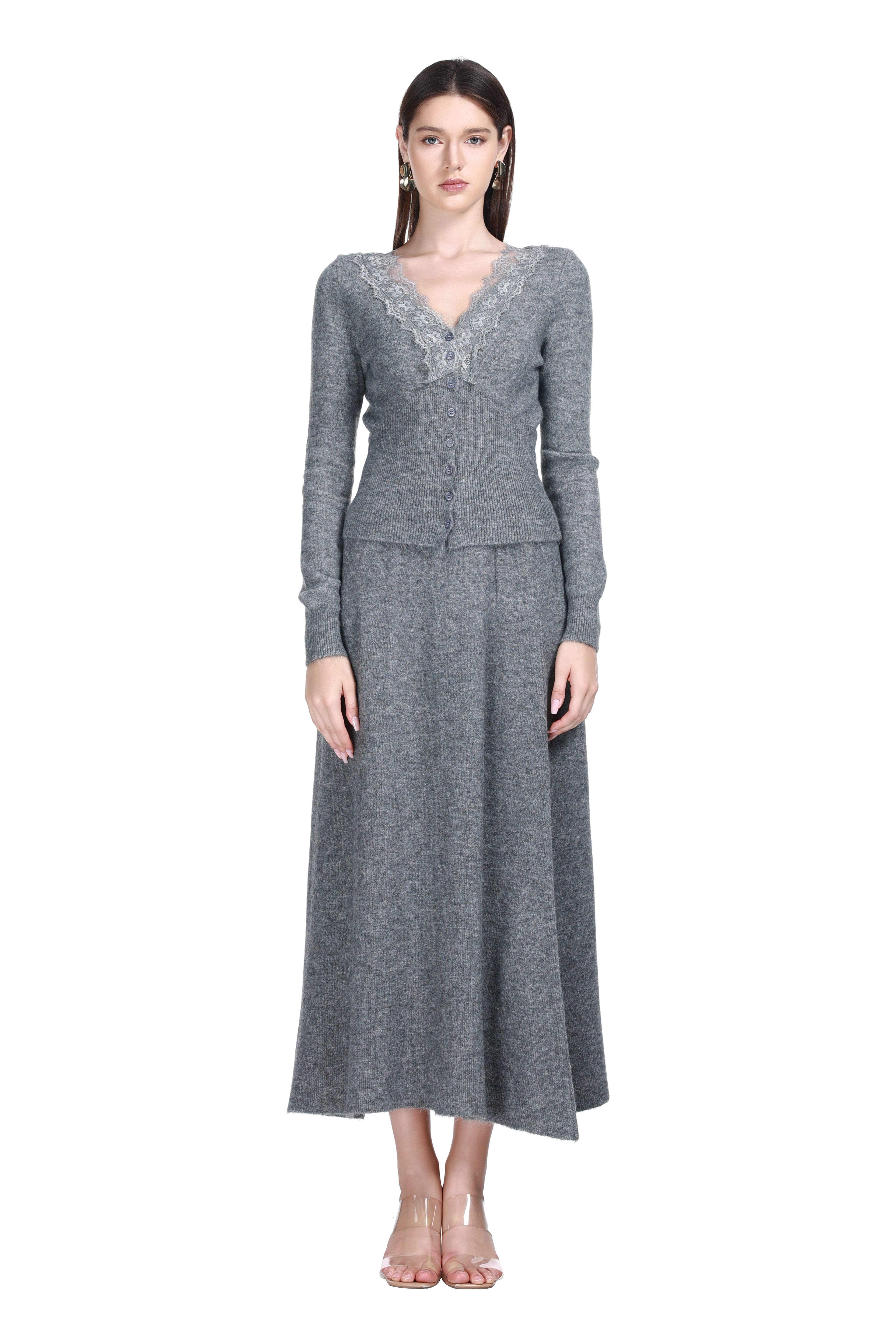 V-neck Lace Trim Long Sleeve Vertical Rib Solid Knitted Cardigan