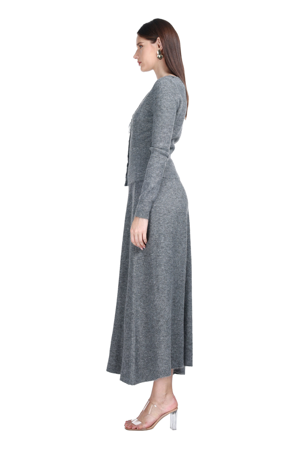 V-neck Lace Trim Long Sleeve Vertical Rib Solid Knitted Cardigan