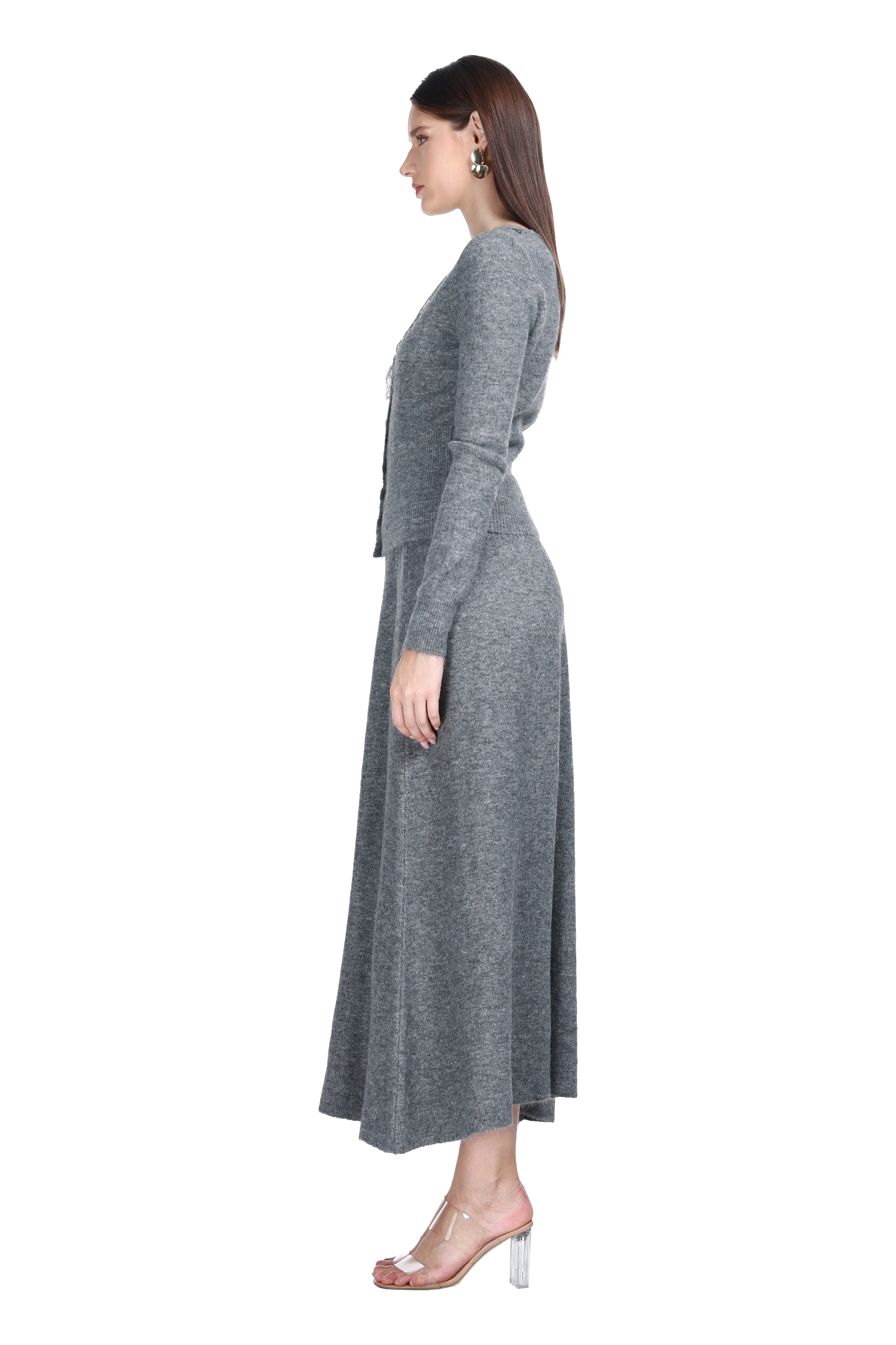 V-neck Lace Trim Long Sleeve Vertical Rib Solid Knitted Cardigan