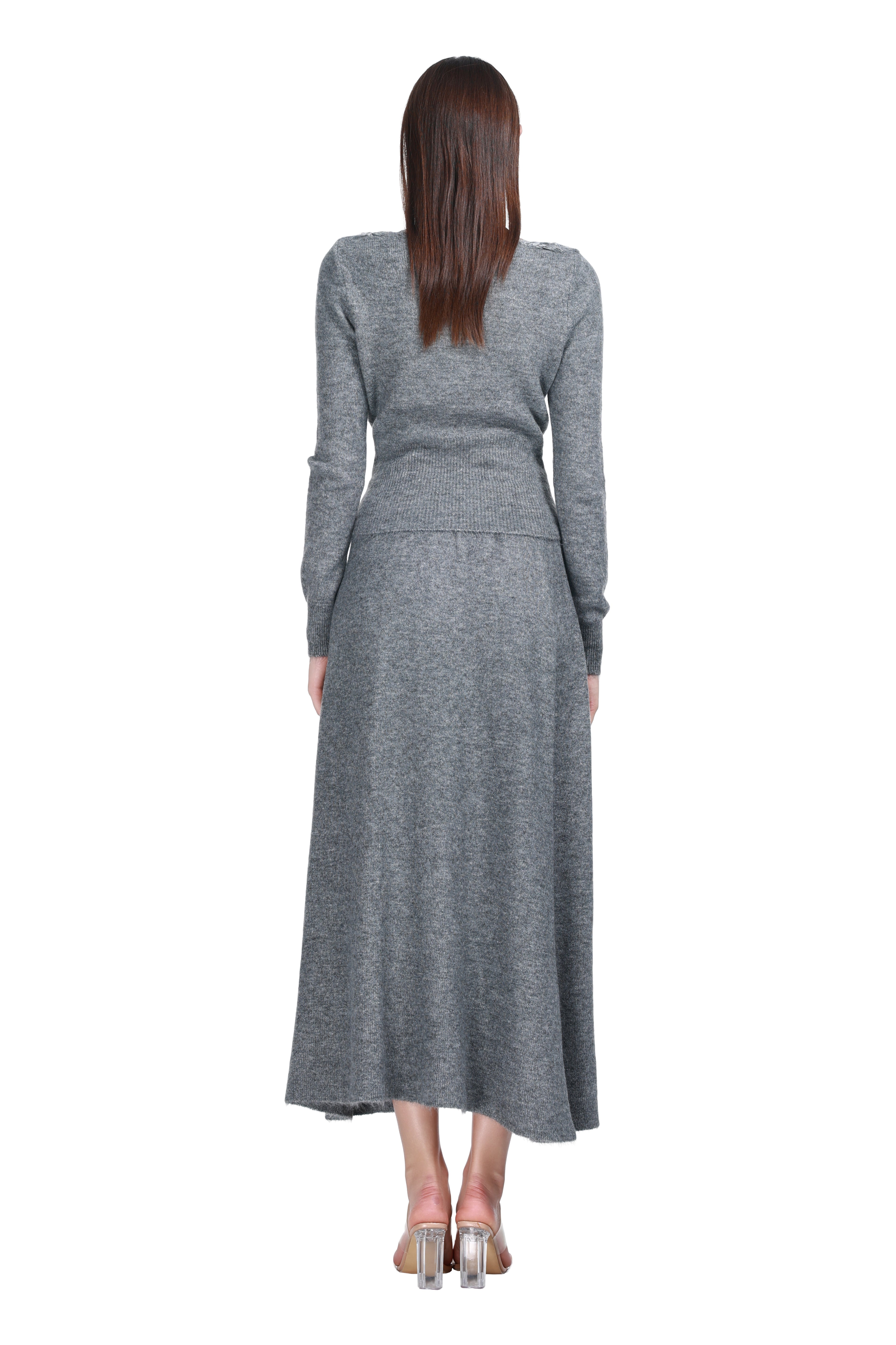 V-neck Lace Trim Long Sleeve Vertical Rib Solid Knitted Cardigan