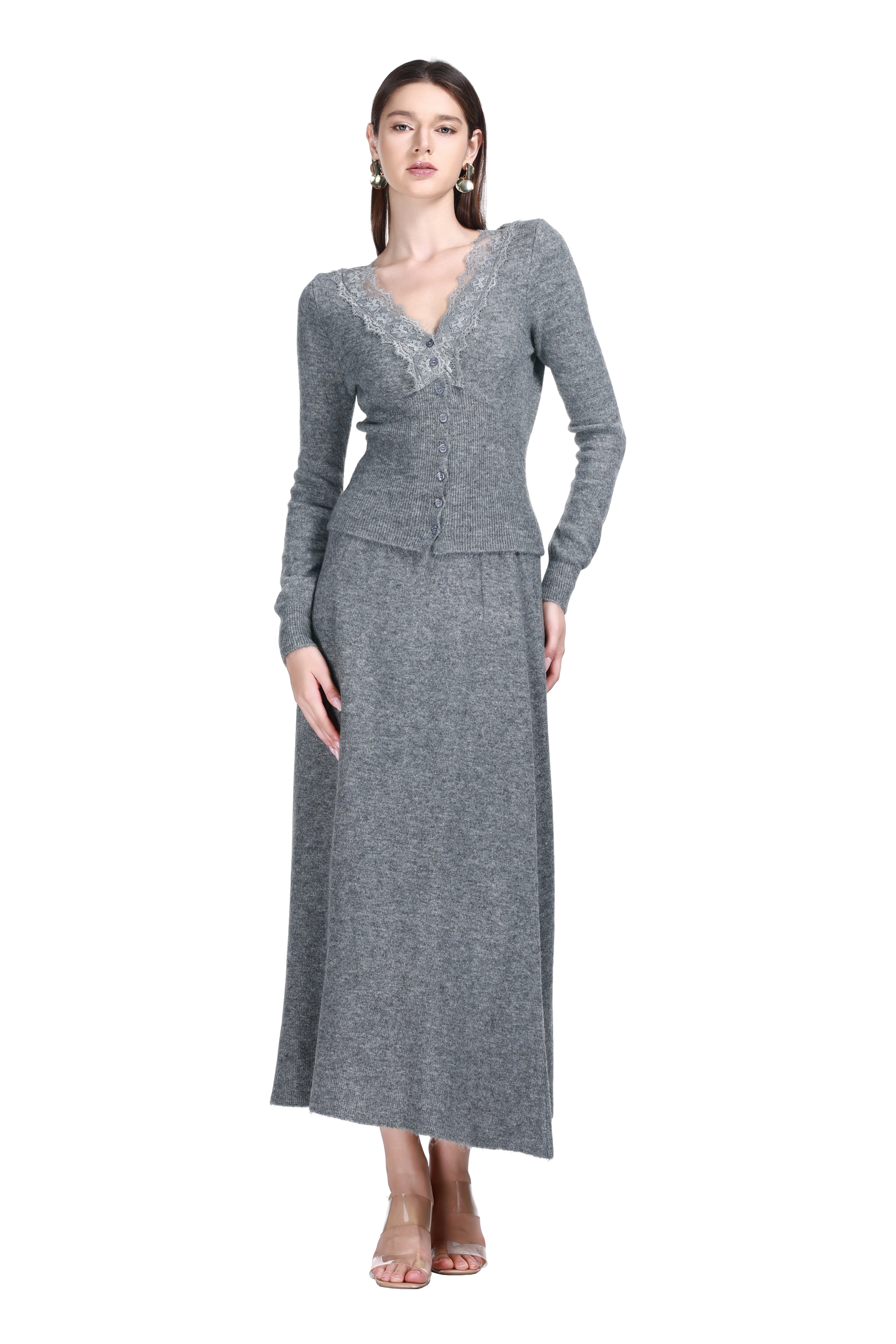 V-neck Lace Trim Long Sleeve Vertical Rib Solid Knitted Cardigan