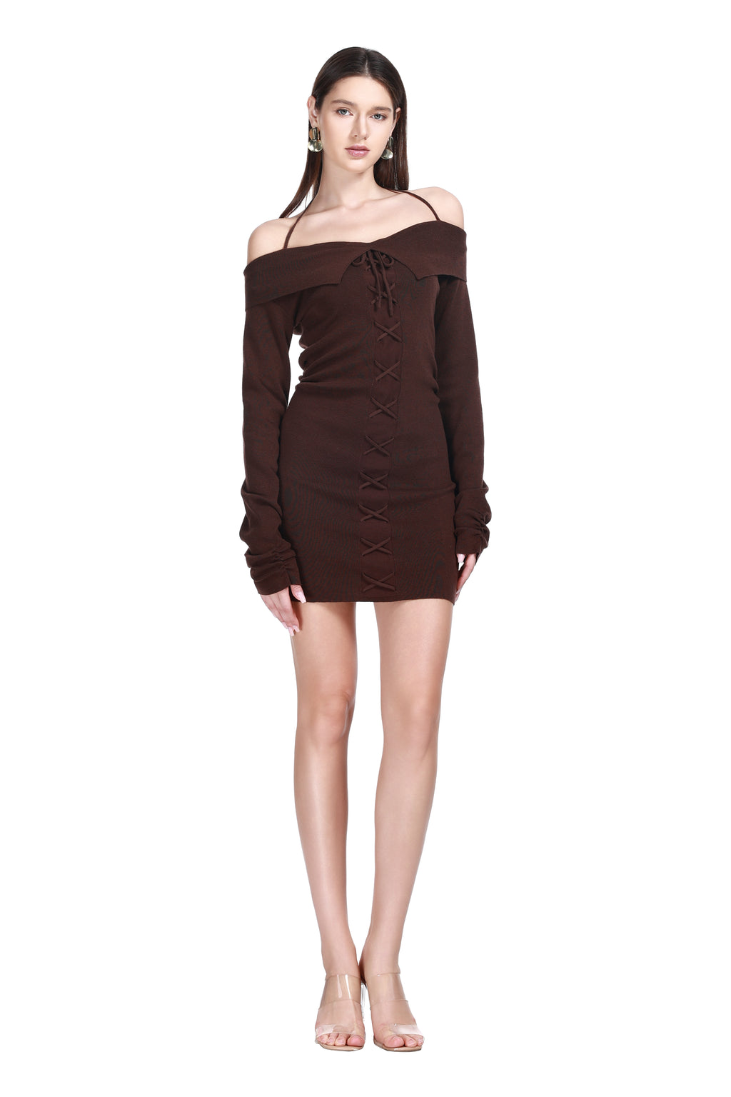 Off-shoulder Spaghetti Foldover Collar Lace-up Knitted Mini Dress