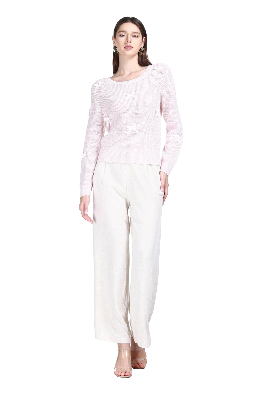 Round Neck Long Sleeve 3D Satin Bow Solid Pullover Knitted Top