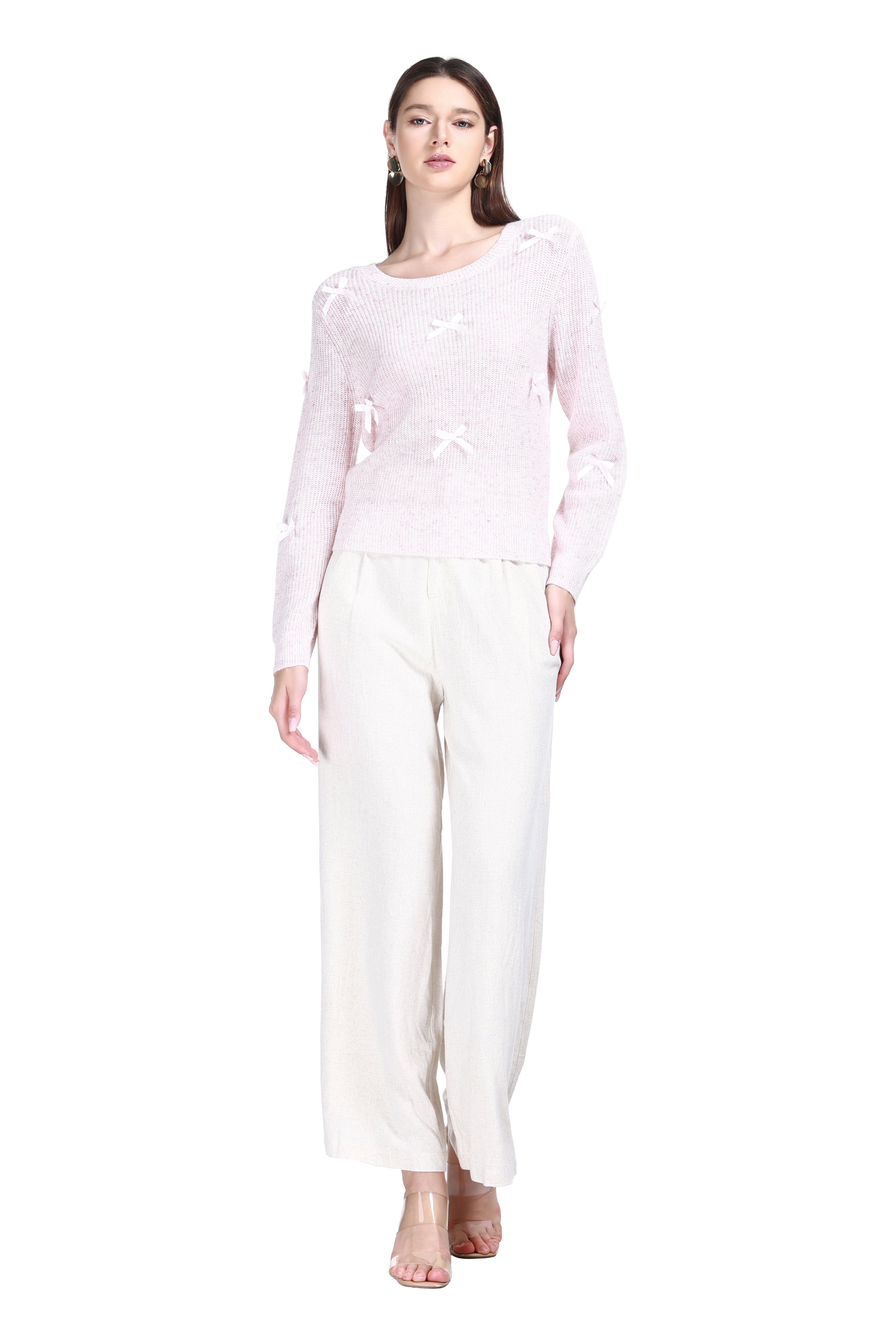 Round Neck Long Sleeve 3D Satin Bow Solid Pullover Knitted Top