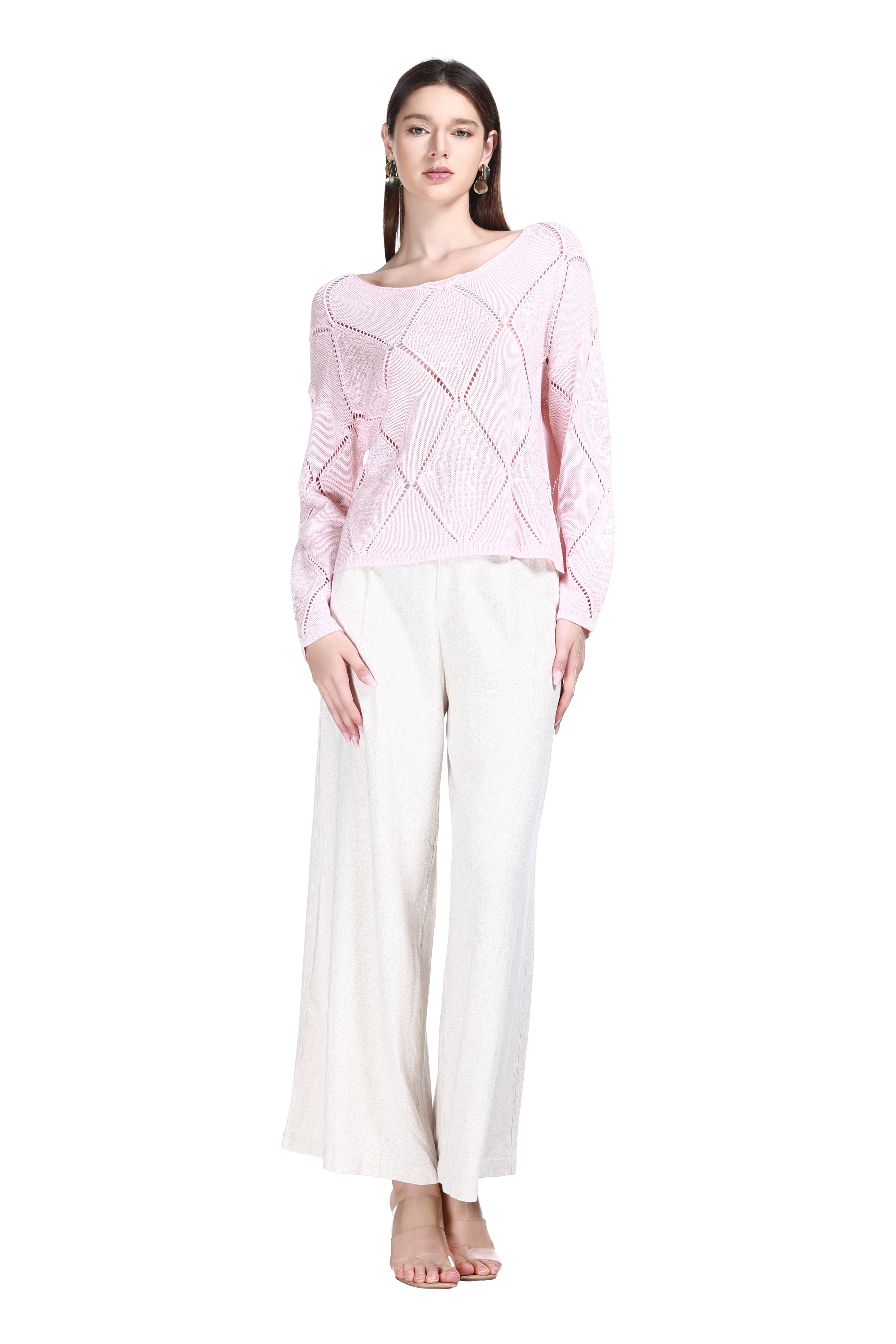 Boat Neck Long Sleeve Diamond Hollow-out Solid Pullover Knitted Top