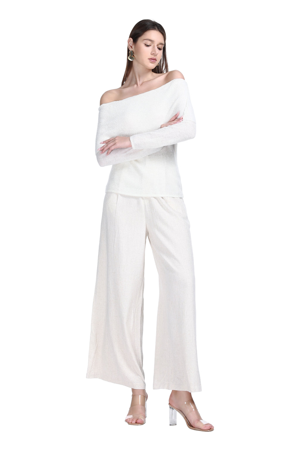 Fold-down Off-shoulder Long Sleeve Solid Knitted Top