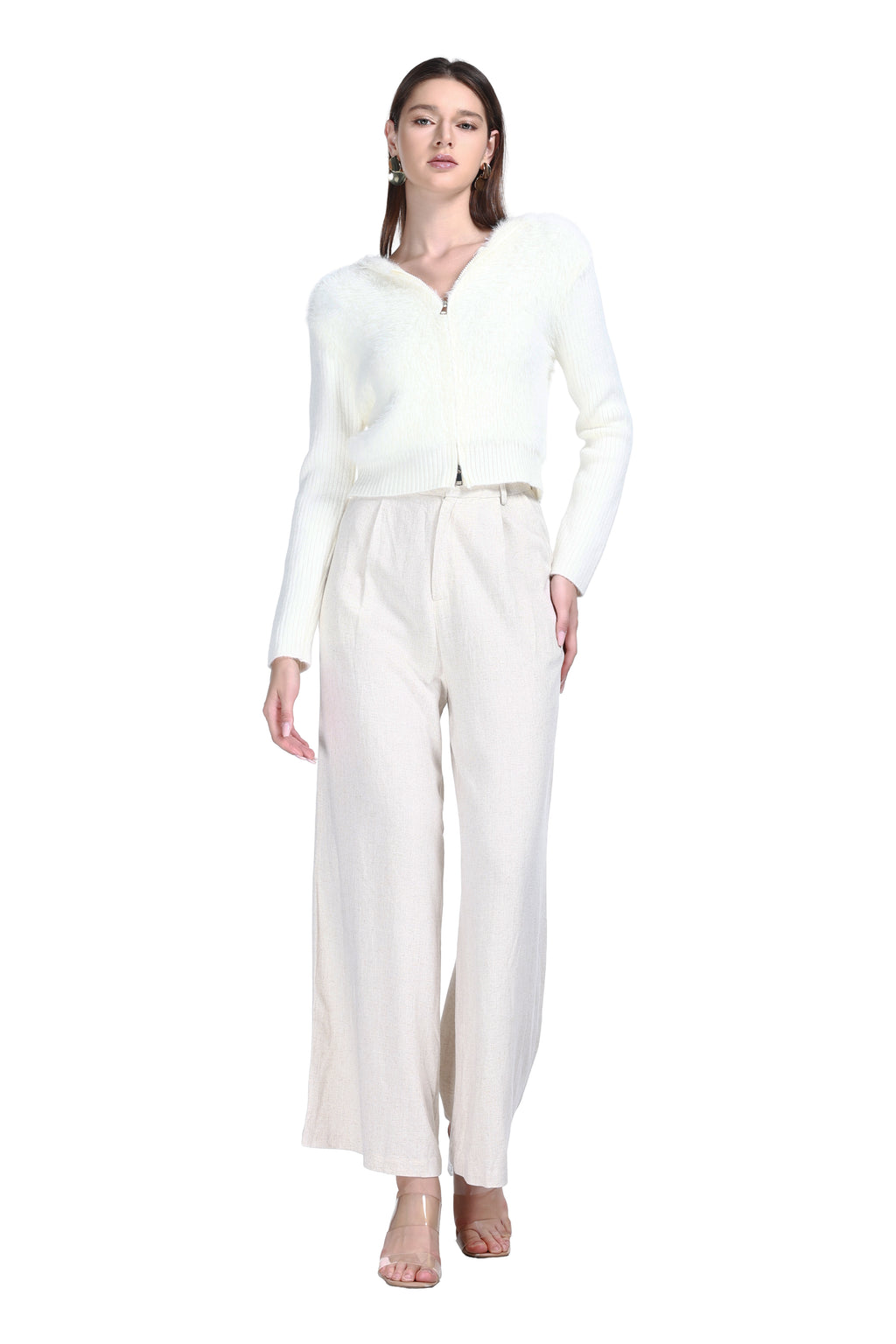 V-neck Long Sleeve Full Metal Zipper Attached Hood Knitted Cardigan