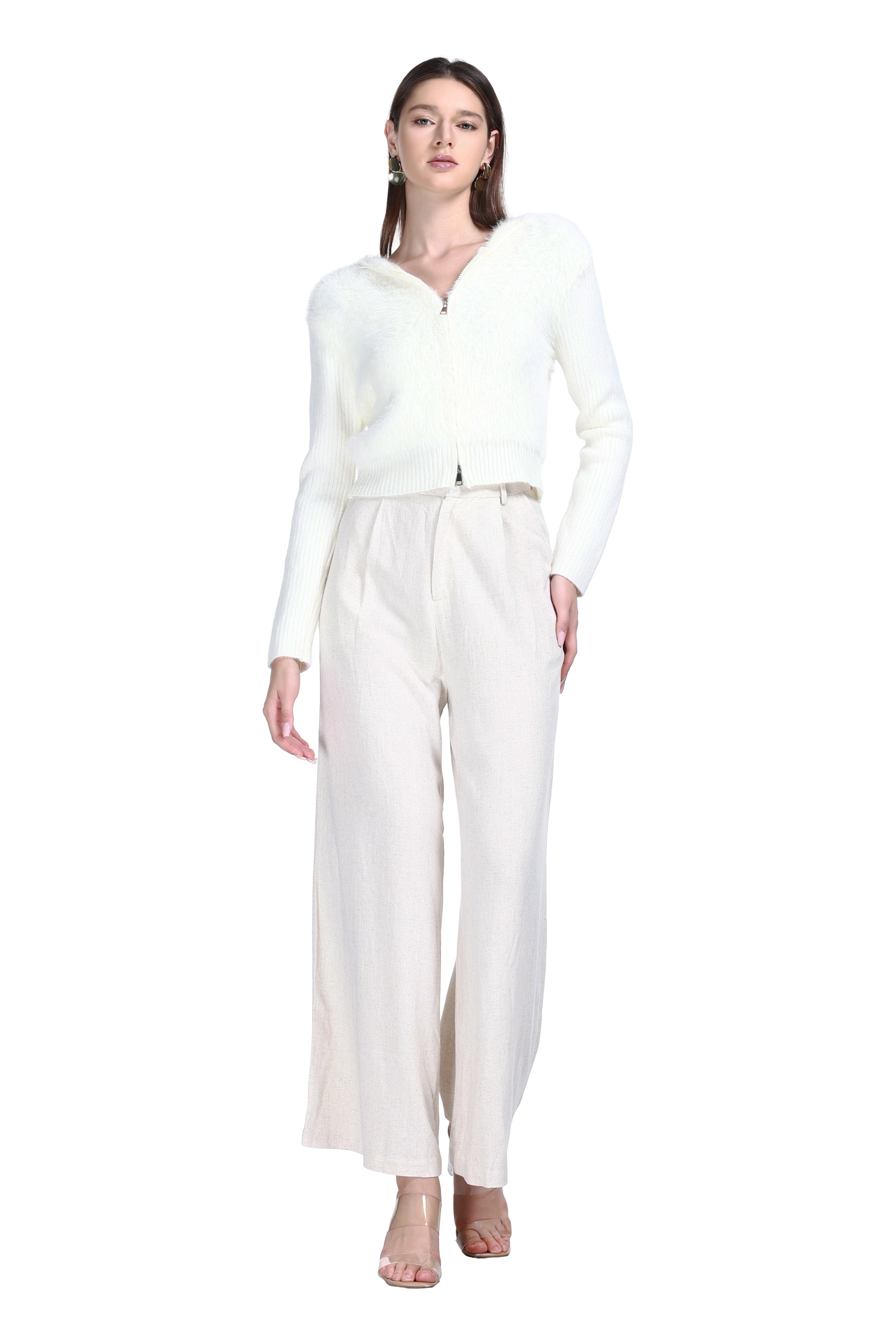 V-neck Long Sleeve Full Metal Zipper Attached Hood Knitted Cardigan