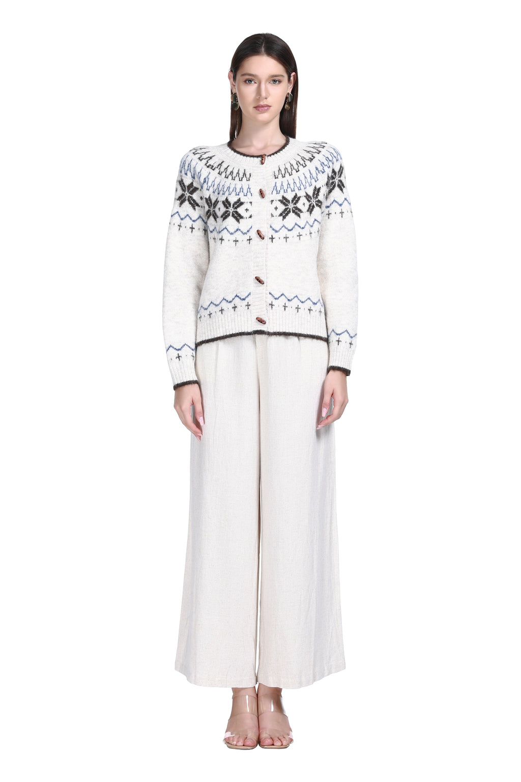 Crew Neck Long Sleeve Fair Isle Jacquard Wooden Buttons Knitted Cardigan