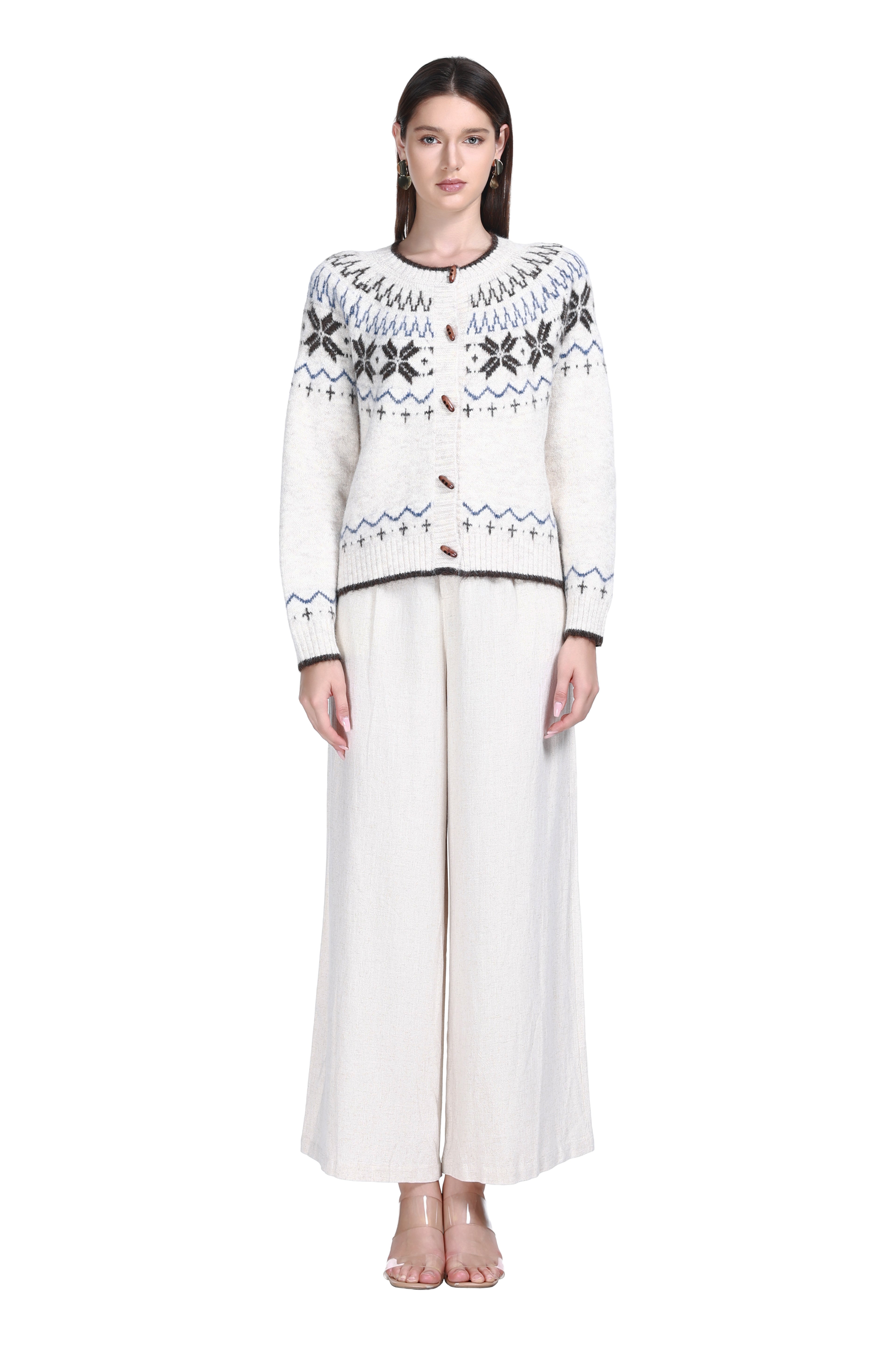 Crew Neck Long Sleeve Fair Isle Jacquard Wooden Buttons Knitted Cardigan