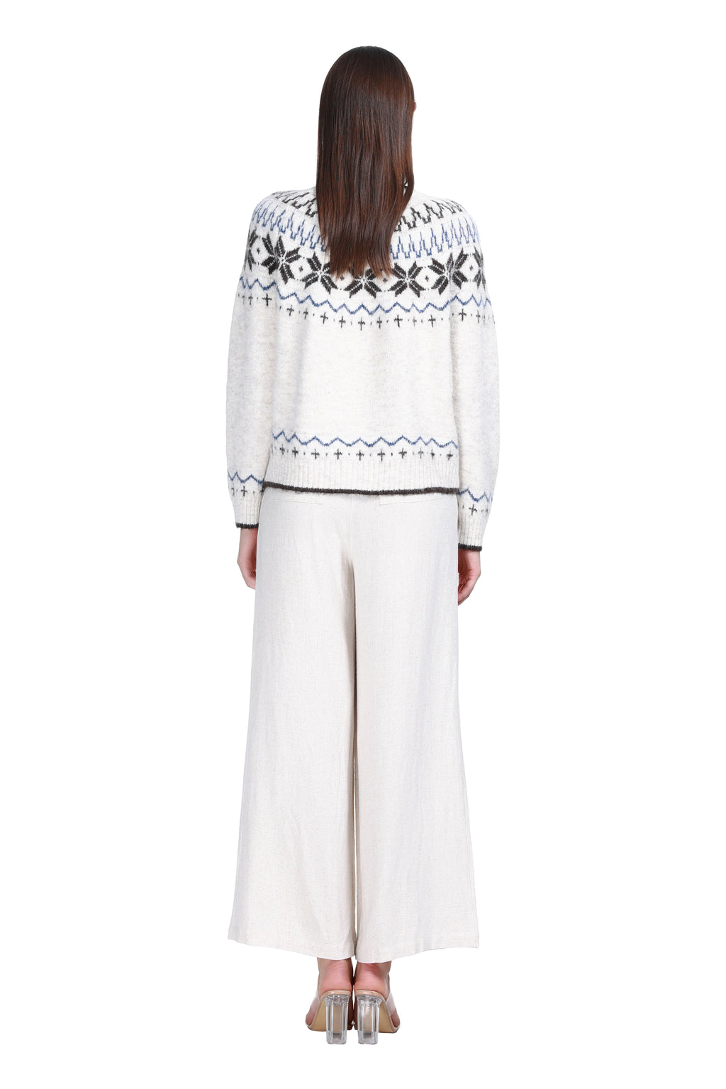 Crew Neck Long Sleeve Fair Isle Jacquard Wooden Buttons Knitted Cardigan