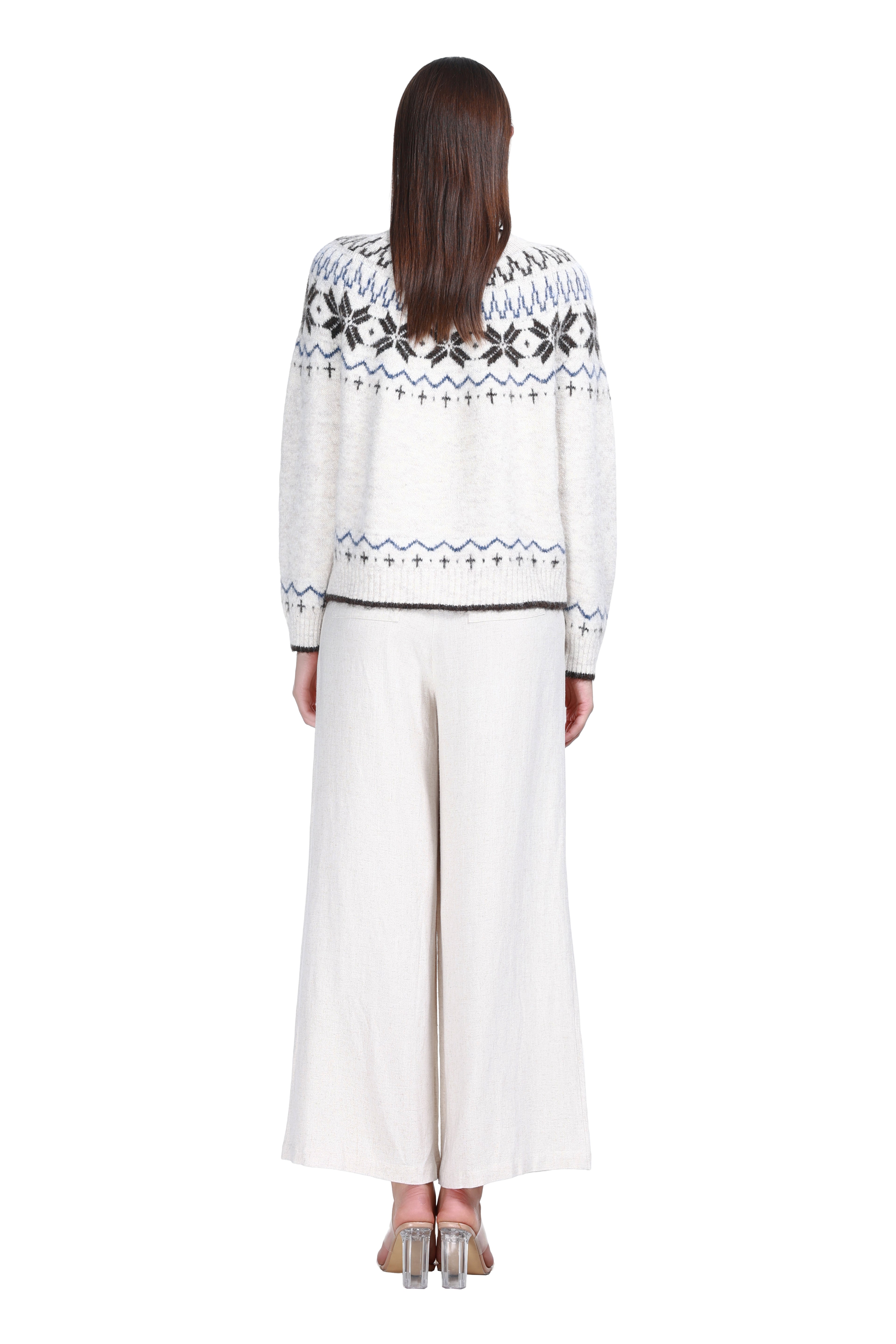 Crew Neck Long Sleeve Fair Isle Jacquard Wooden Buttons Knitted Cardigan