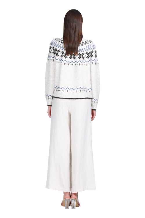 Crew Neck Long Sleeve Fair Isle Jacquard Wooden Buttons Knitted Cardigan