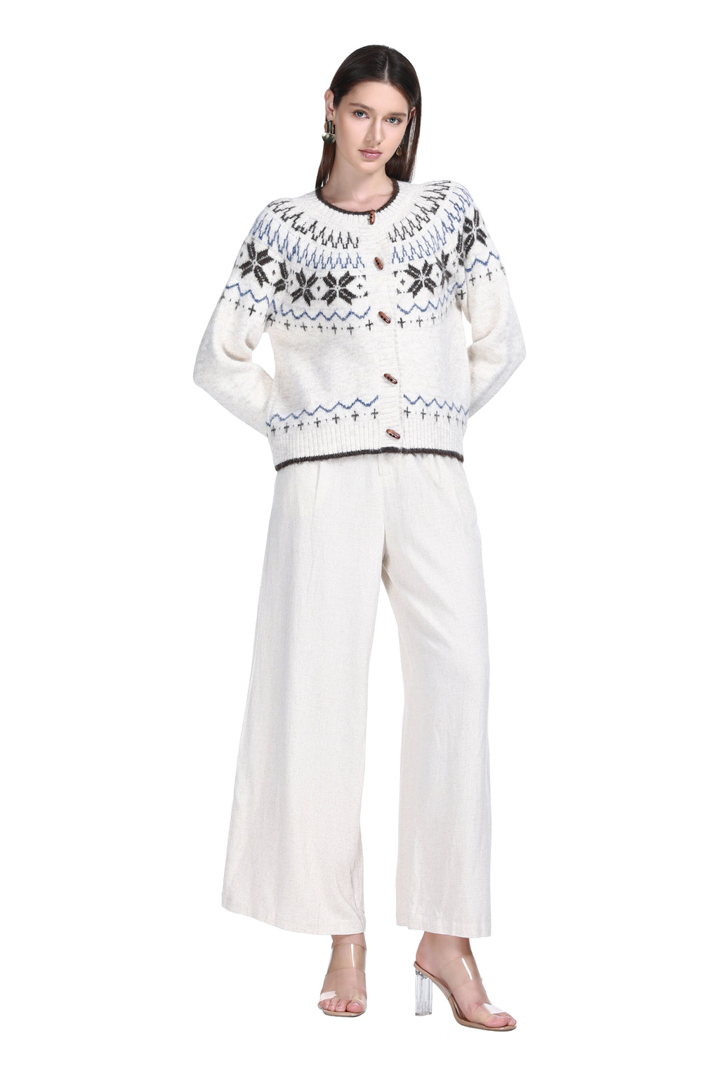 Crew Neck Long Sleeve Fair Isle Jacquard Wooden Buttons Knitted Cardigan