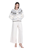 Crew Neck Long Sleeve Fair Isle Jacquard Wooden Buttons Knitted Cardigan