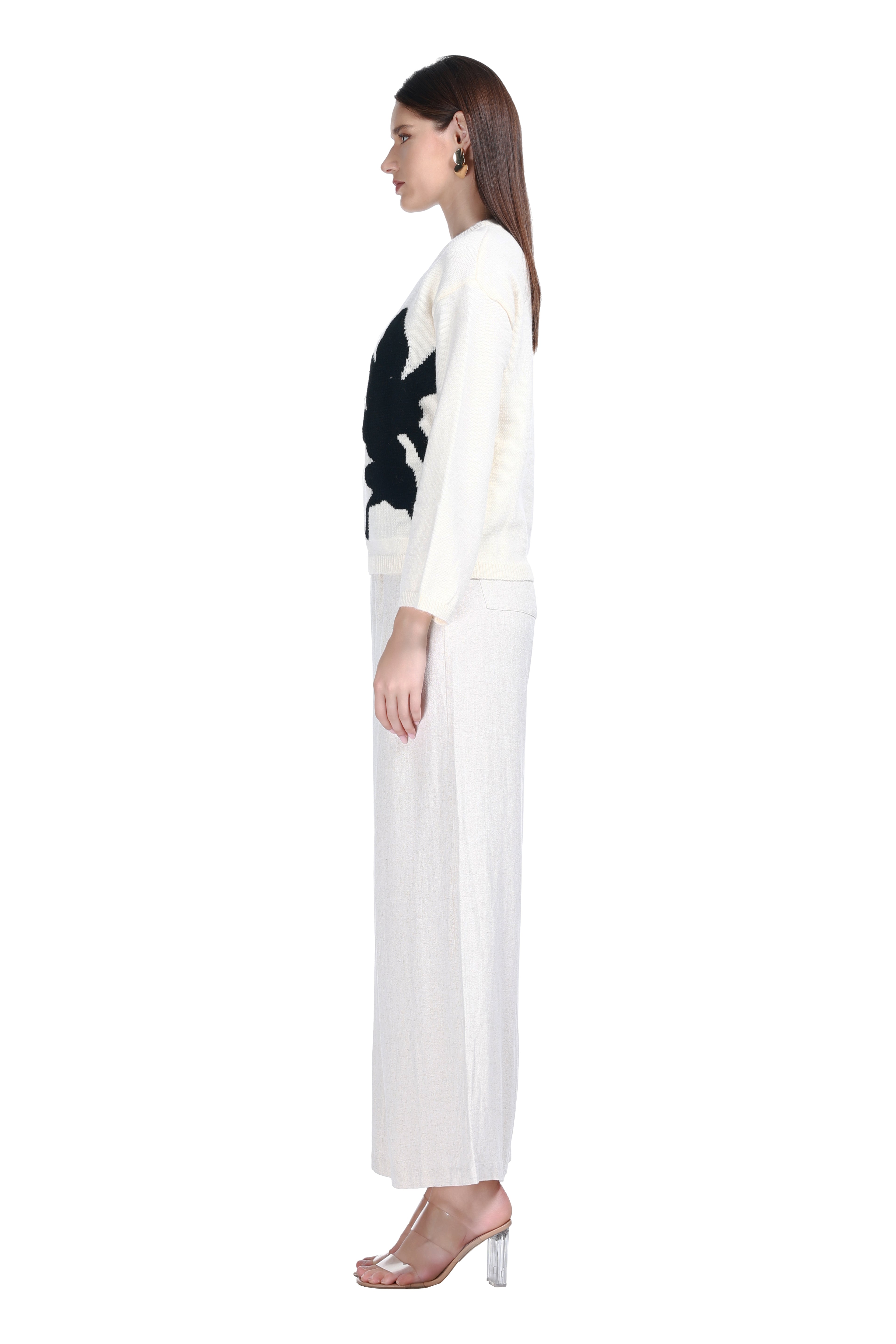 Crew Neck Long Sleeve Irregular Pattern Drop Shoulder Knitted Top