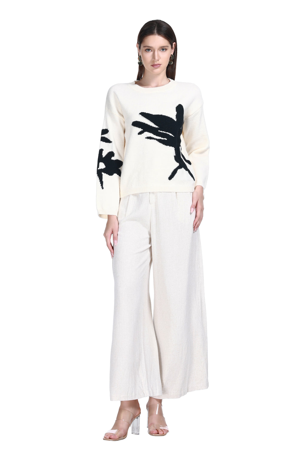 Crew Neck Long Sleeve Irregular Pattern Drop Shoulder Knitted Top