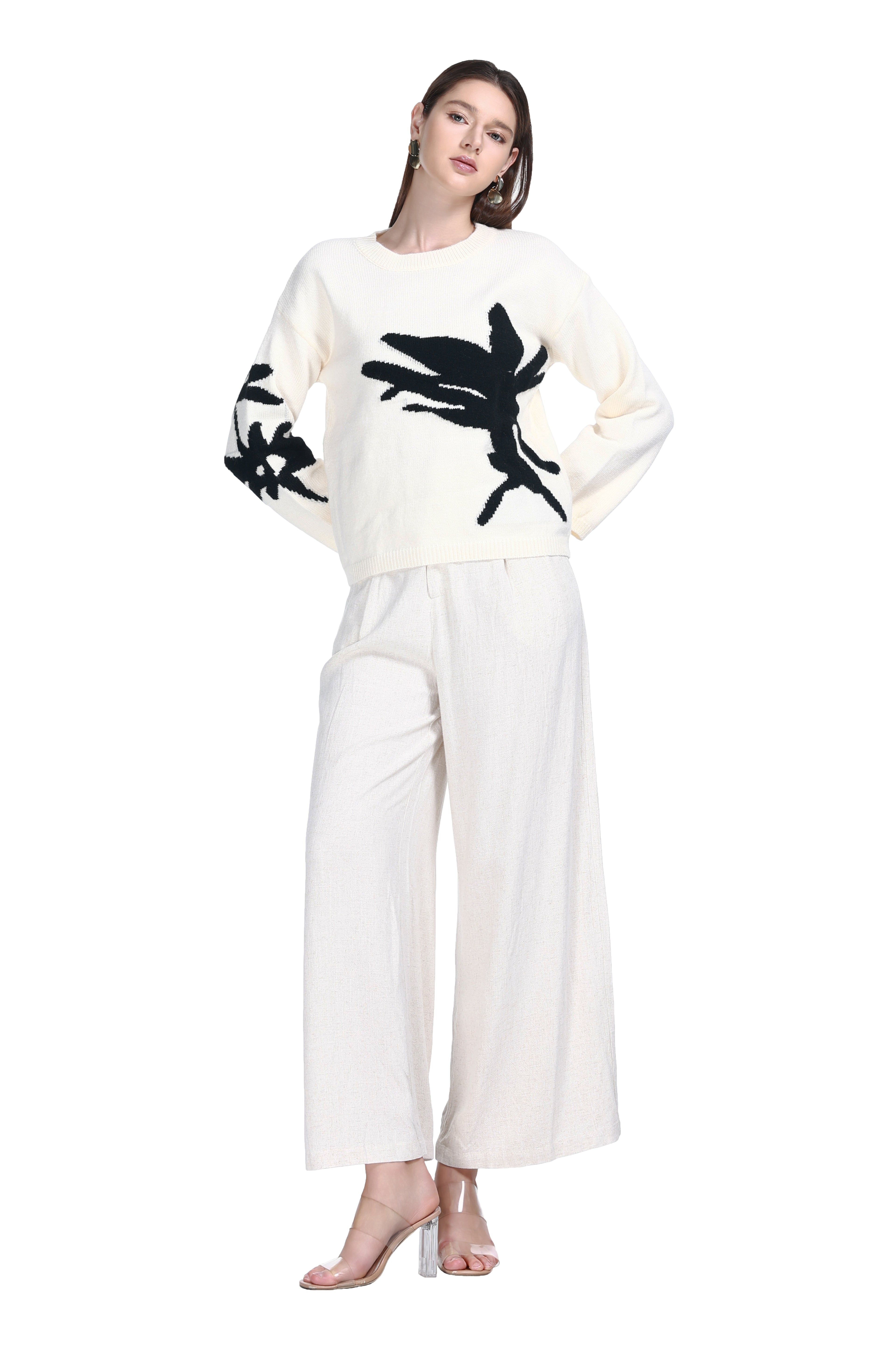 Crew Neck Long Sleeve Irregular Pattern Drop Shoulder Knitted Top