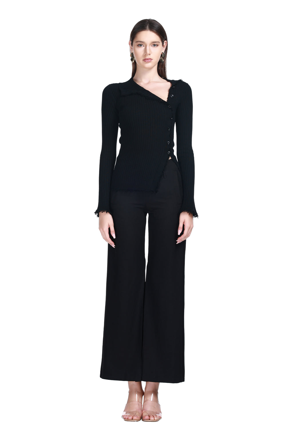 Asymmetric Fold Collar Frayed Edges Off-center Placket Knitted Cardigan