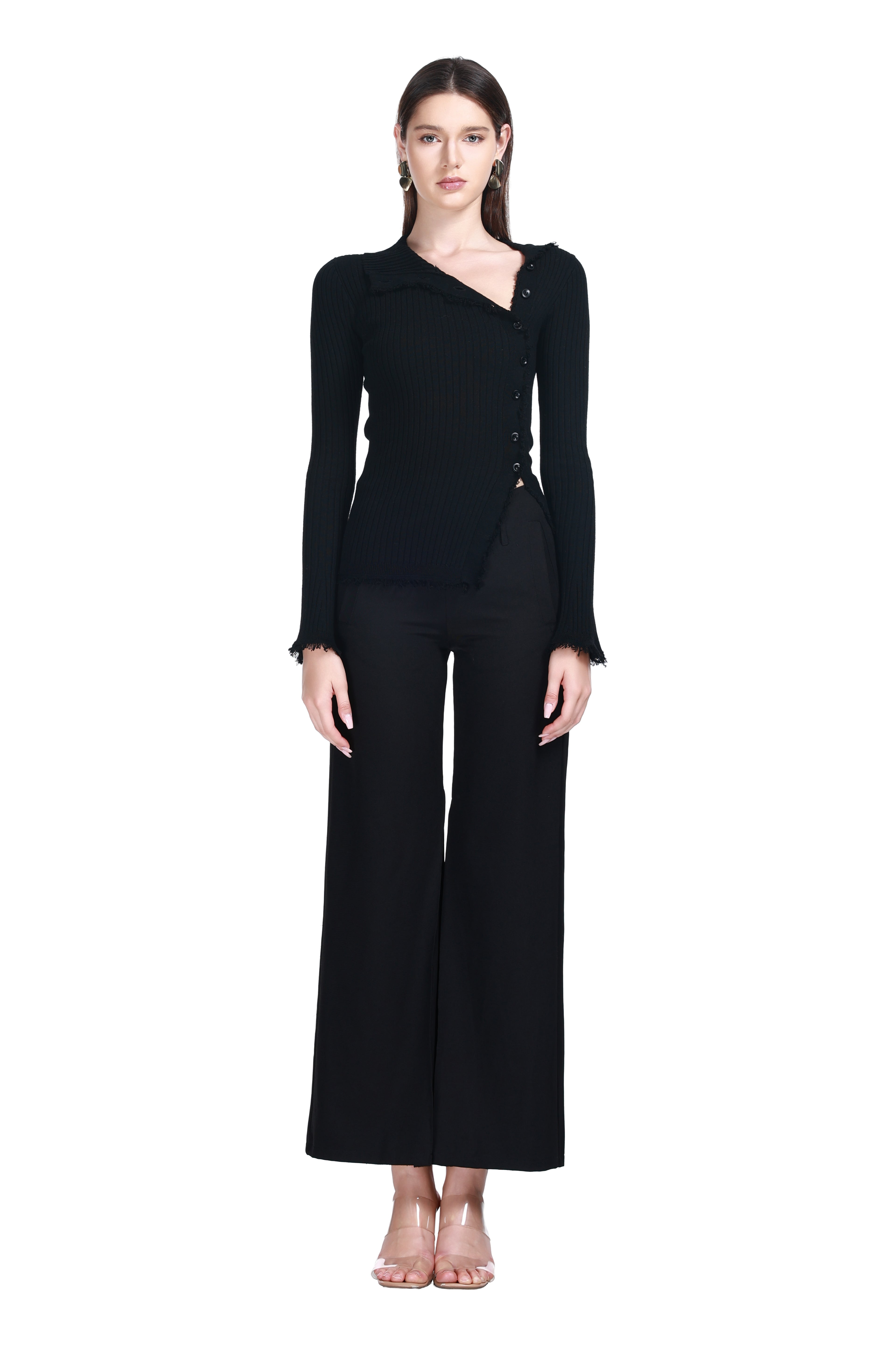 Asymmetric Fold Collar Frayed Edges Off-center Placket Knitted Cardigan