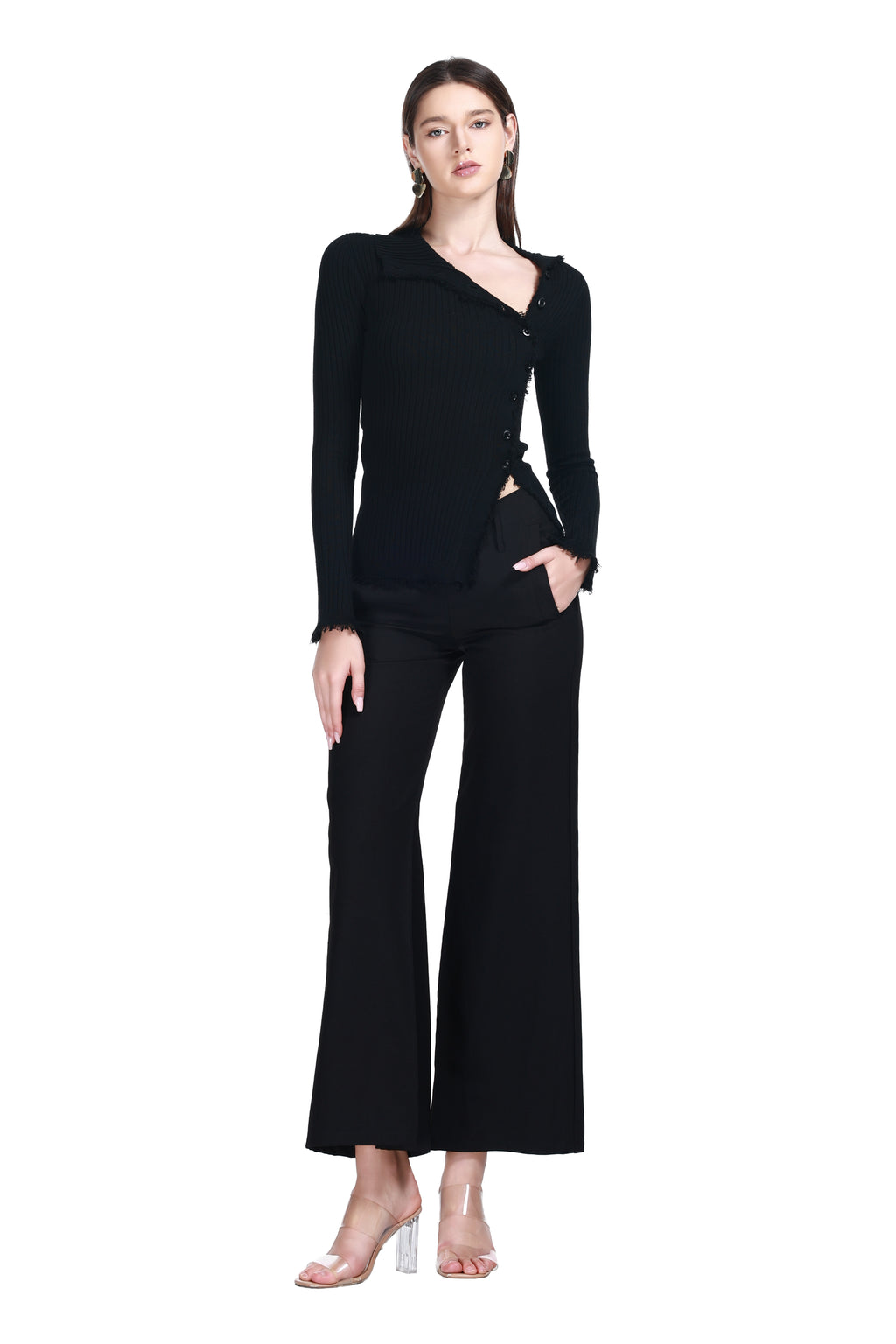 Asymmetric Fold Collar Frayed Edges Off-center Placket Knitted Cardigan