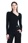 Asymmetric Fold Collar Frayed Edges Off-center Placket Knitted Cardigan