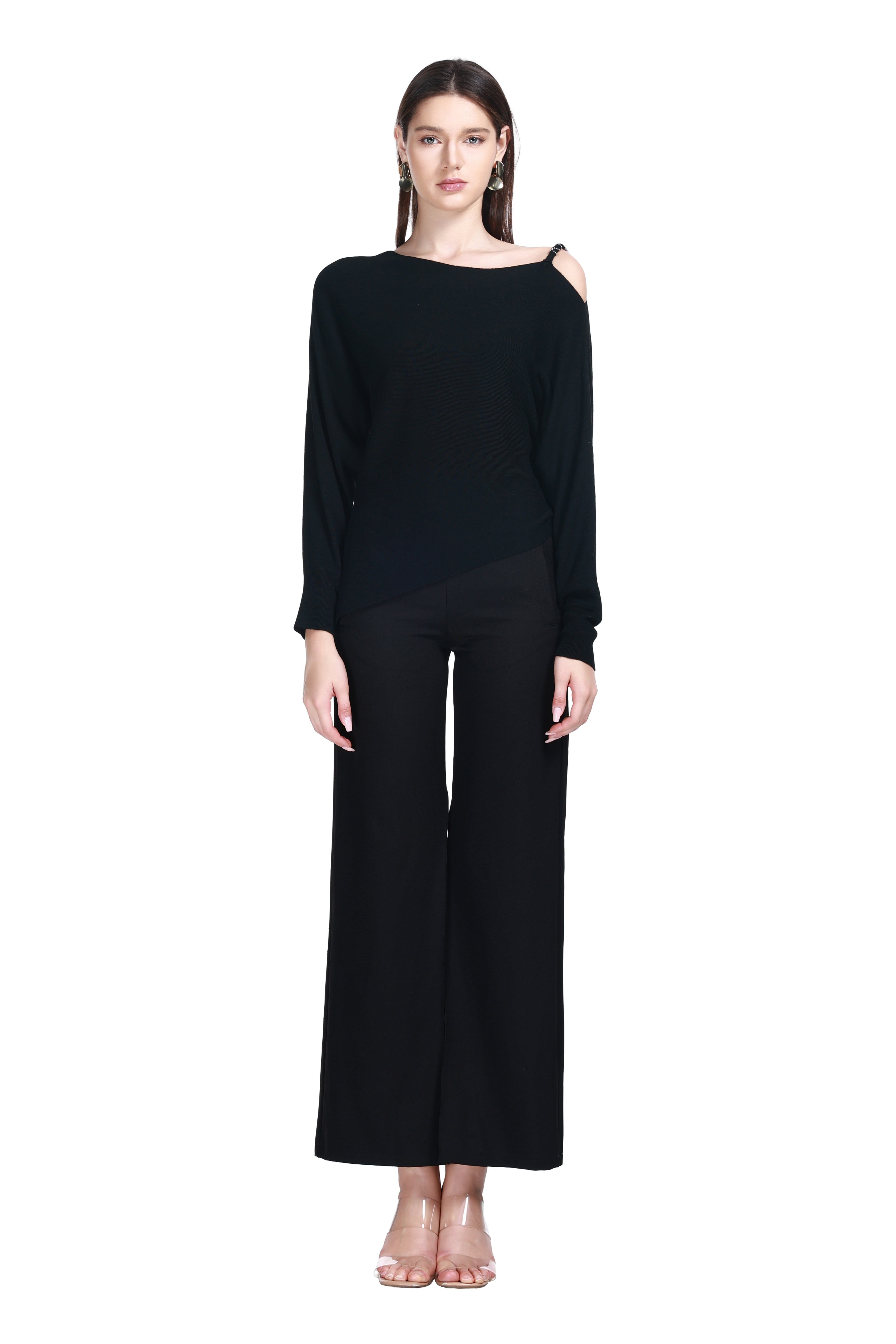 Asymmetric Neckline Long Sleeve Curved Asymmetric Hem Solid Knitted Top