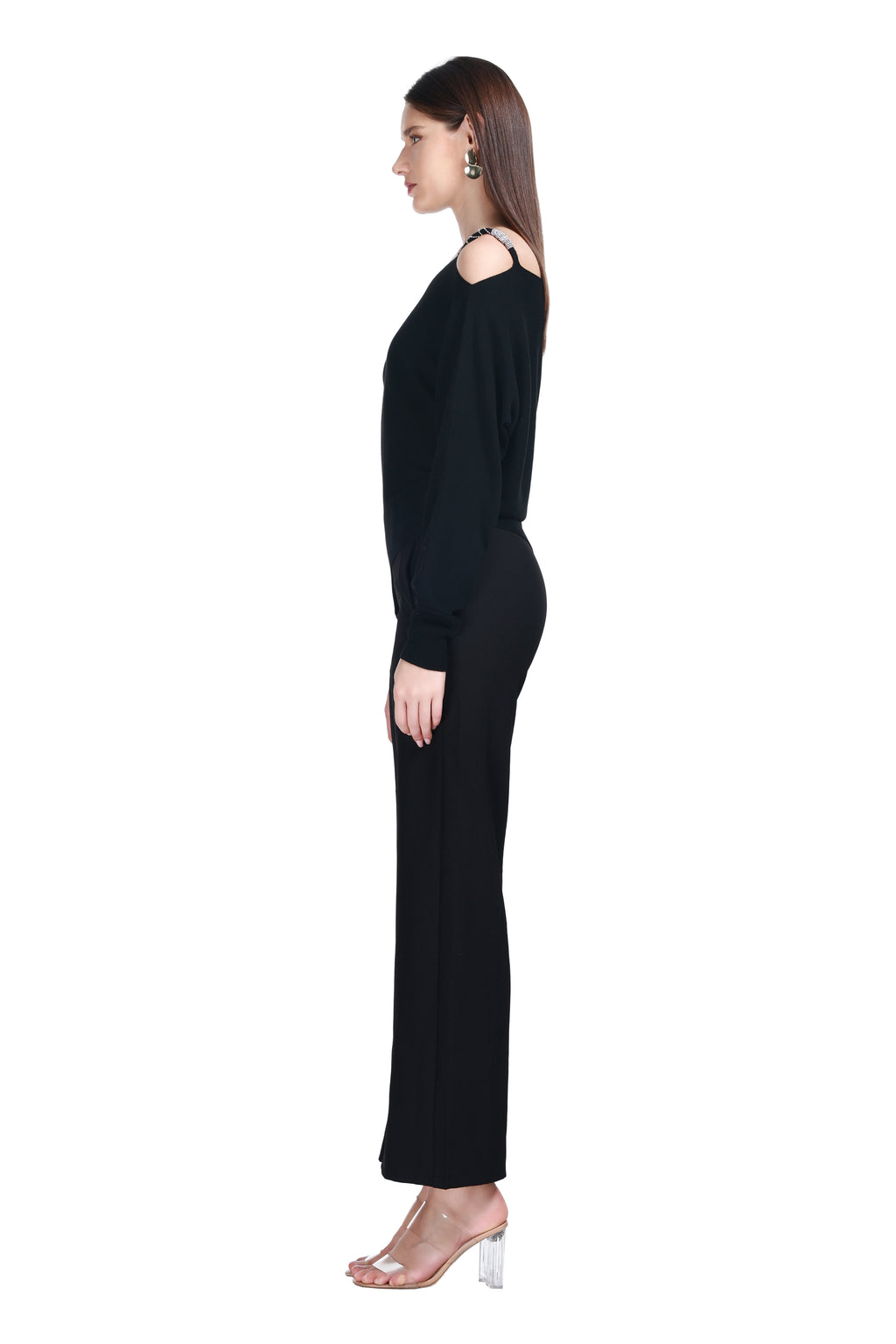 Asymmetric Neckline Long Sleeve Curved Asymmetric Hem Solid Knitted Top